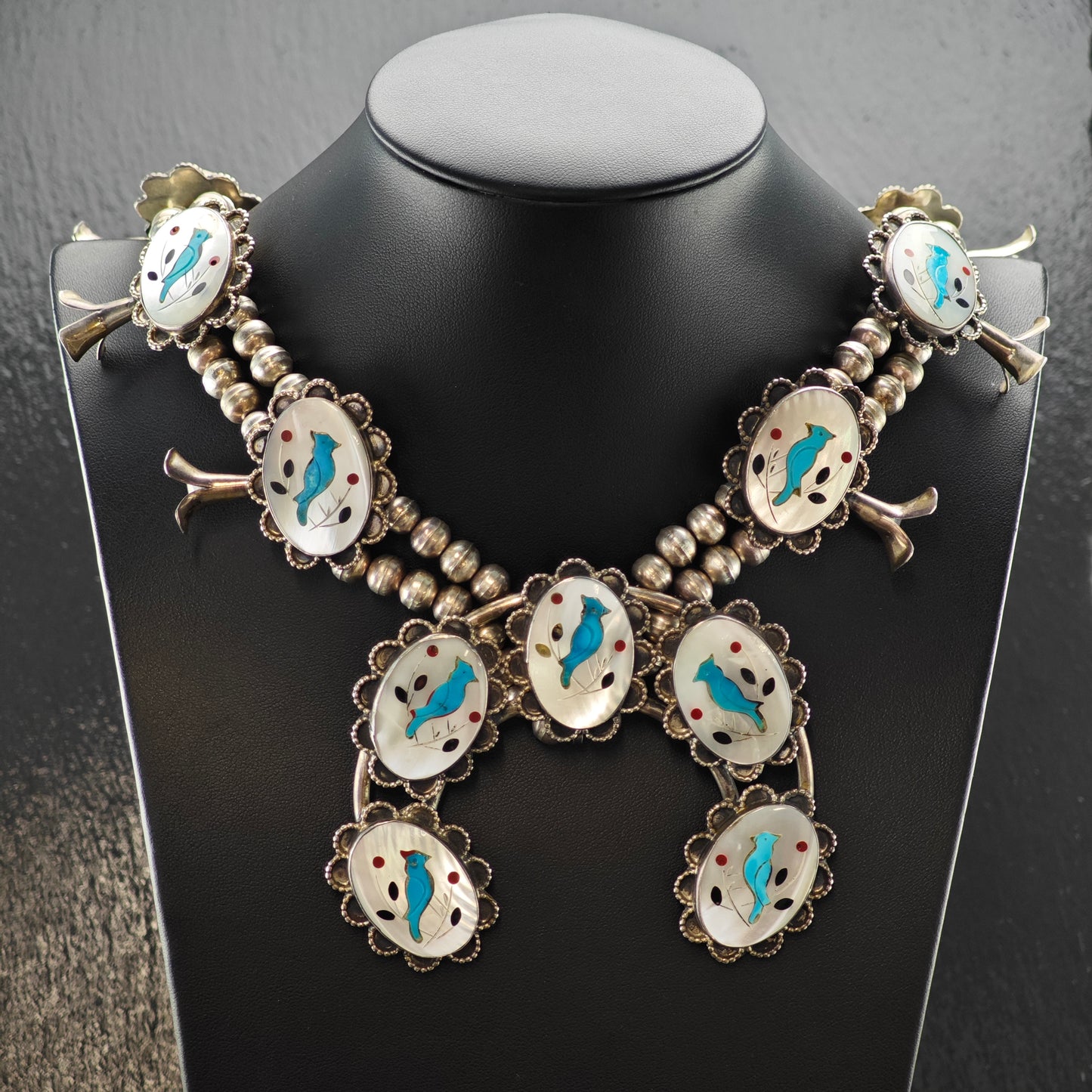 SW Sterling Silver Inlay Blue Jay Squash Blossom Necklace N2669