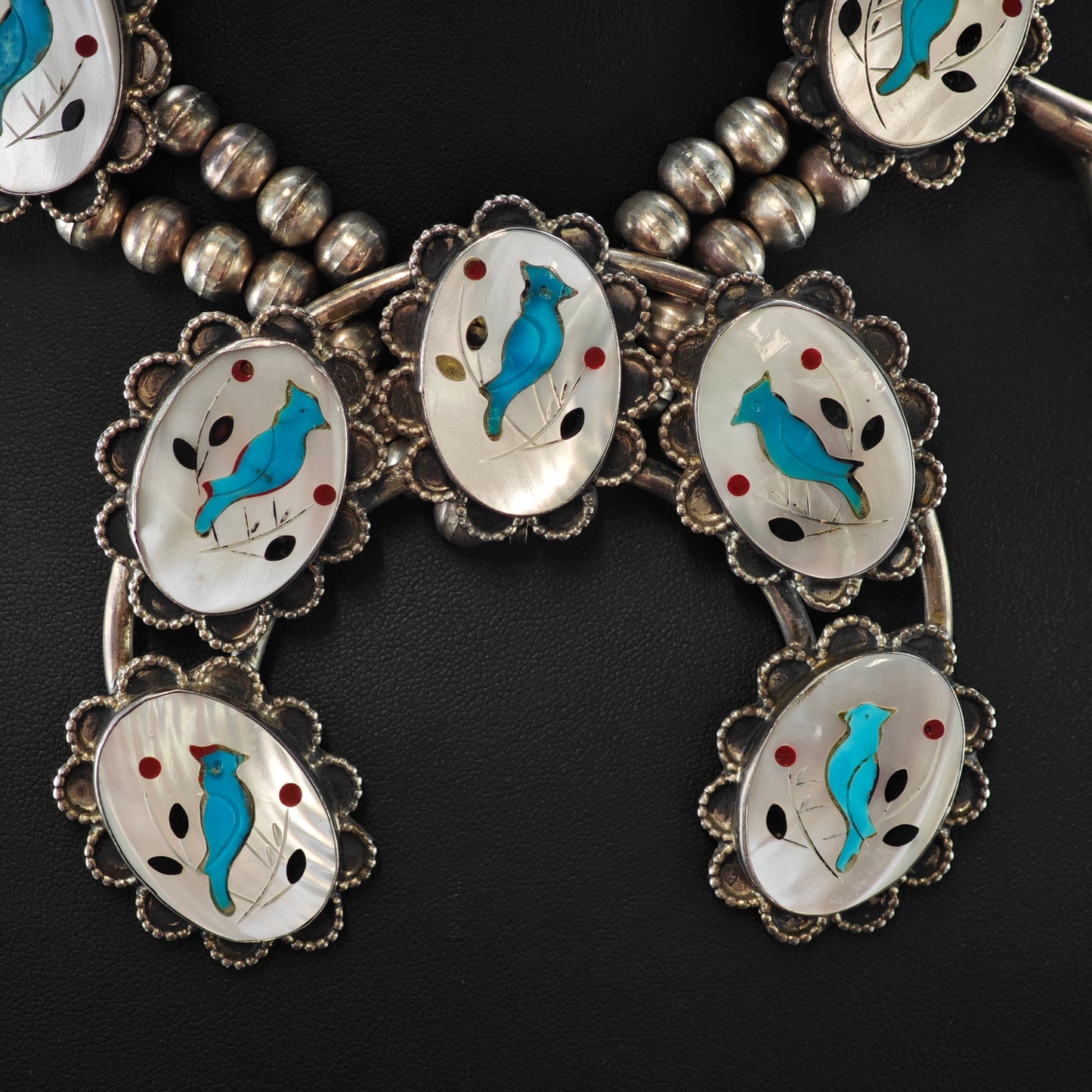SW Sterling Silver Inlay Blue Jay Squash Blossom Necklace N2669