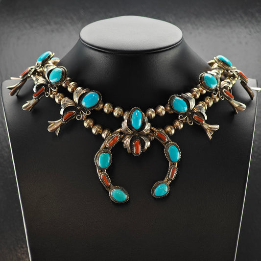 Native American Turquoise and Coral Sterling Silver Squash Blossom Necklace