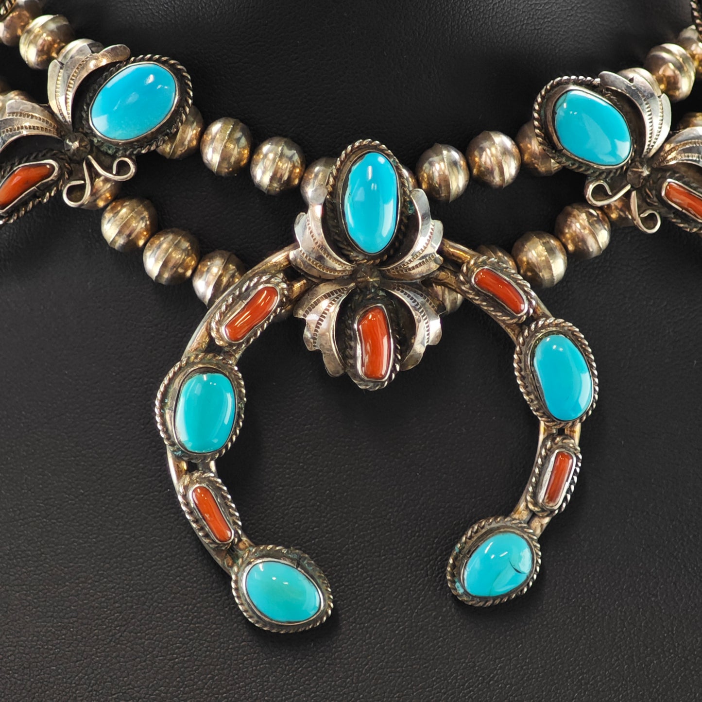 Native American Turquoise and Coral Sterling Silver Squash Blossom Necklace N2670