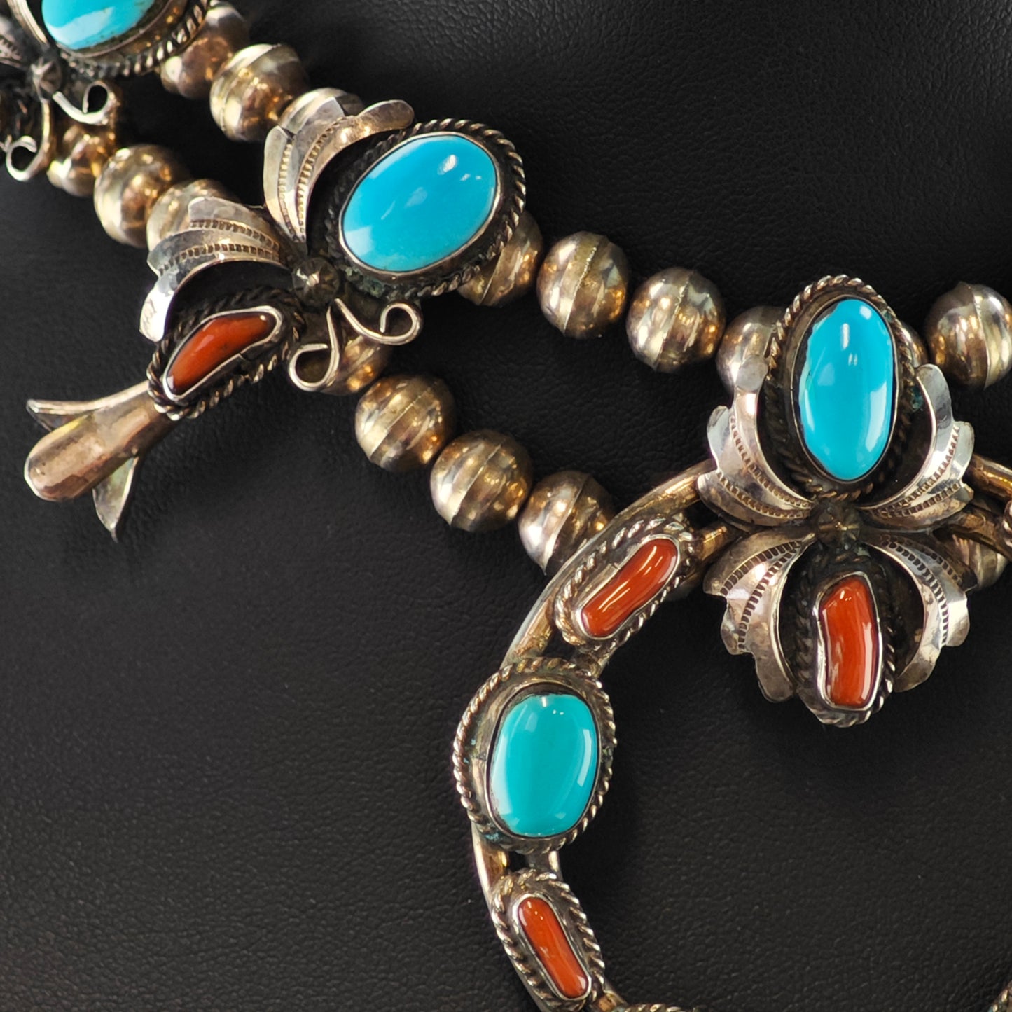 Native American Turquoise and Coral Sterling Silver Squash Blossom Necklace N2670