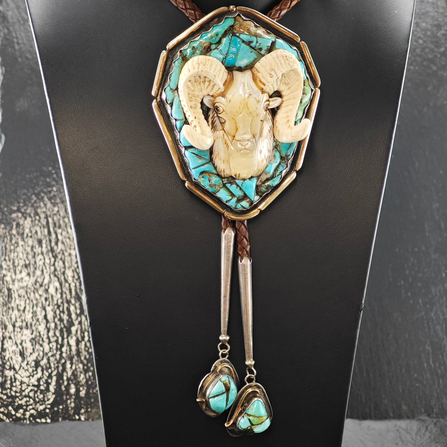 Carved Ram/Aries Sterling Silver w/ 14k Gold Accent Bolo Tie N2677