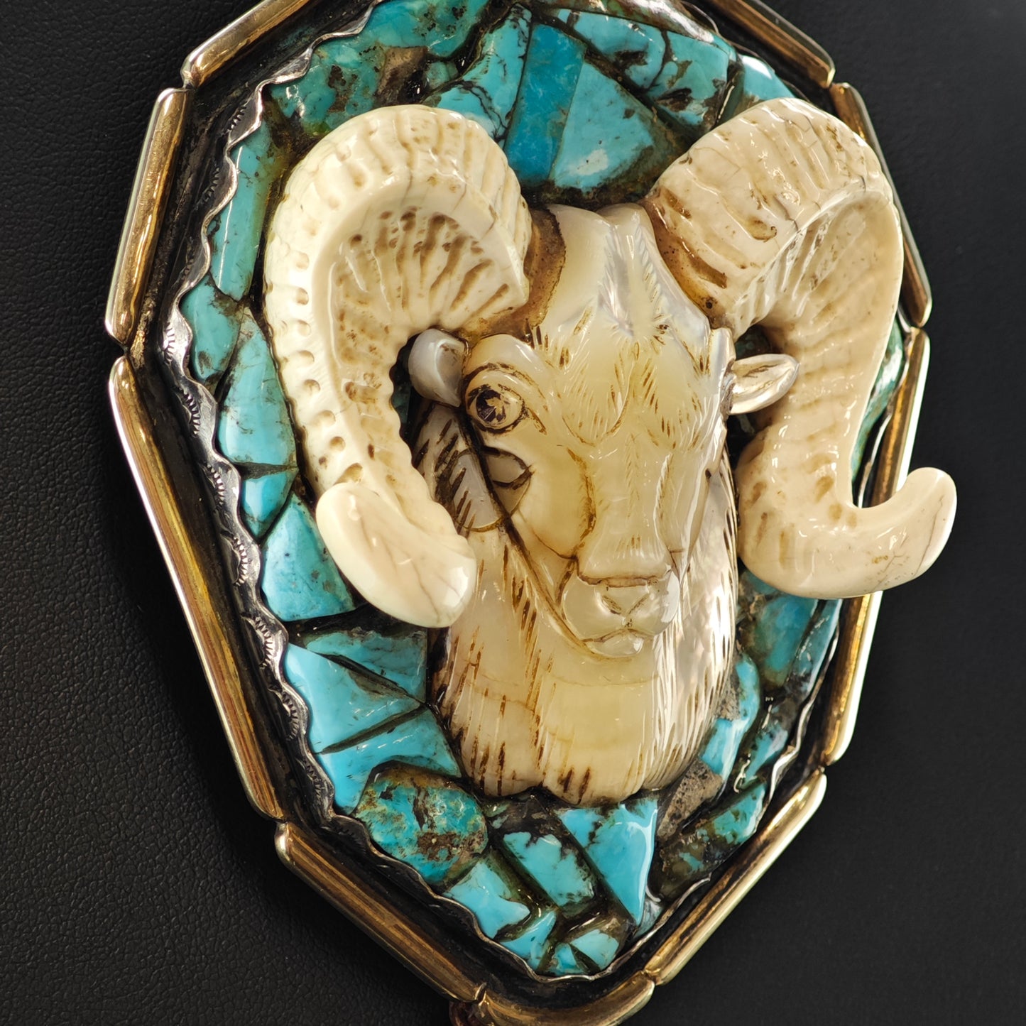 Carved Ram/Aries Sterling Silver w/ 14k Gold Accent Bolo Tie N2677
