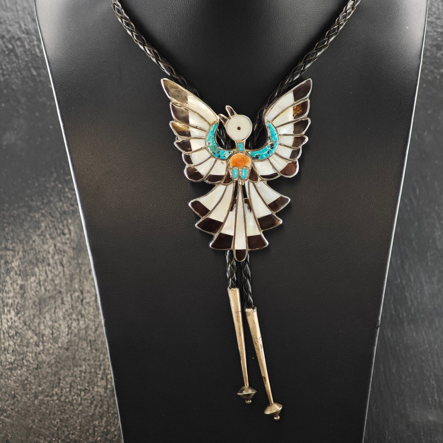 Native American Sterling Silver Thunderbird Leather Bolo Tie N2674