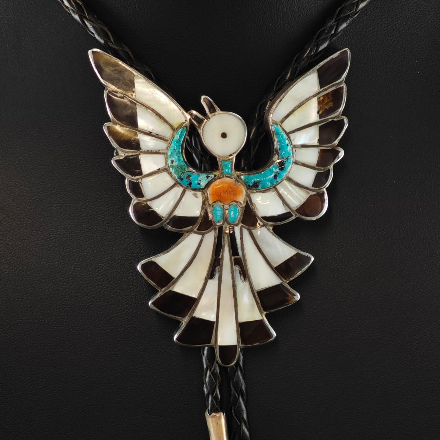 Native American Sterling Silver Thunderbird Leather Bolo Tie N2674