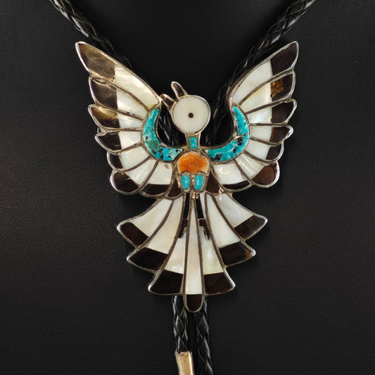 Native American Sterling Silver Thunderbird Leather Bolo Tie