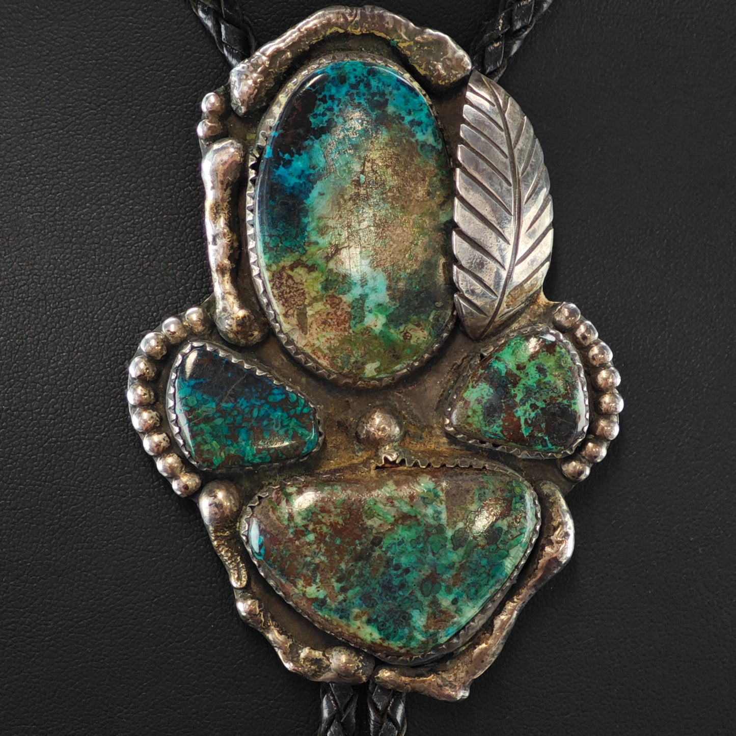 Native American Sterling Silver Bisbee Chrysocolla Bolo Tie N2675
