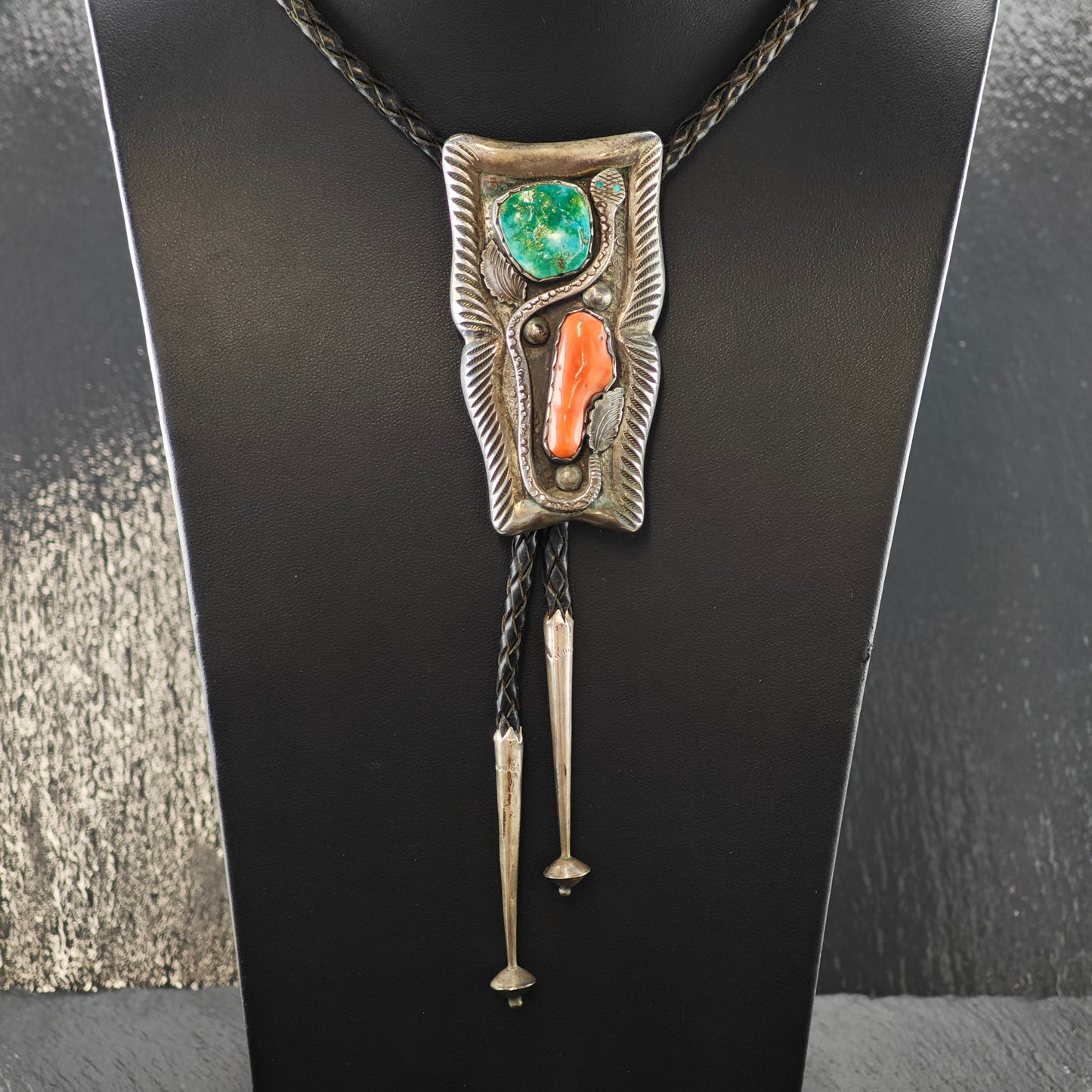 Simplicio Zuni Sterling Silver Turquoise and Coral Snake Bolo Tie N2676