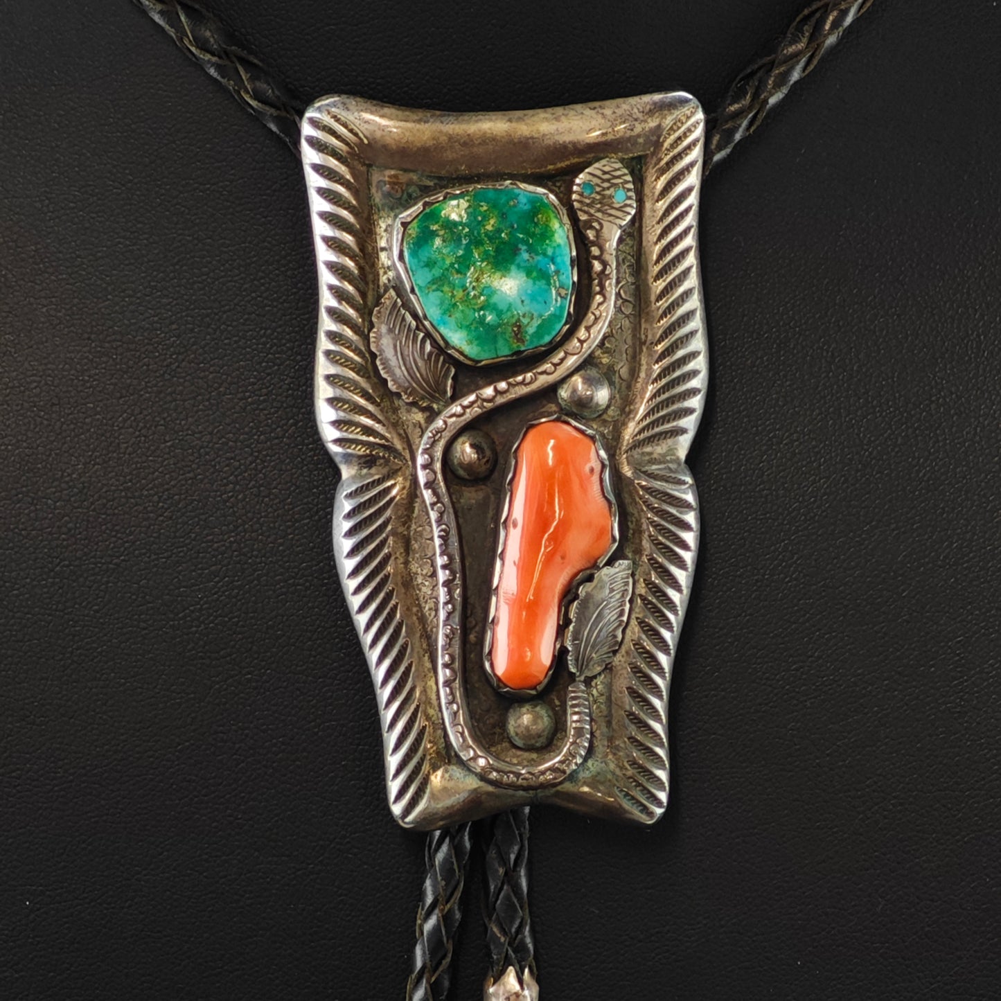 Simplicio Zuni Sterling Silver Turquoise and Coral Snake Bolo Tie N2676