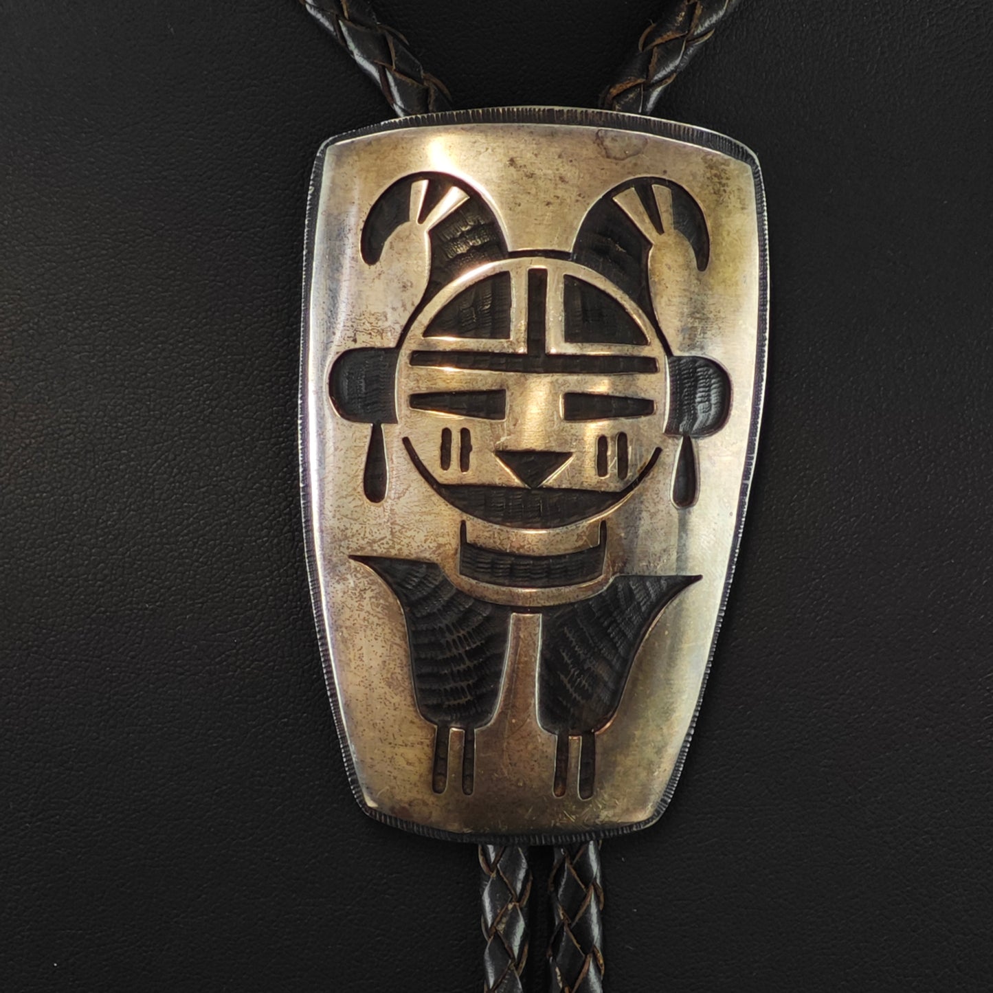 Bernard Dawahoya Hopi Sterling Silver Leather Bolo Tie and Belt Buckle N2672
