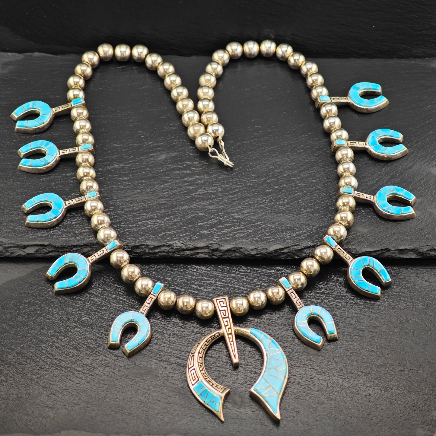 Native American Turquoise Inlay Sterling Silver Squash Blossom N2683