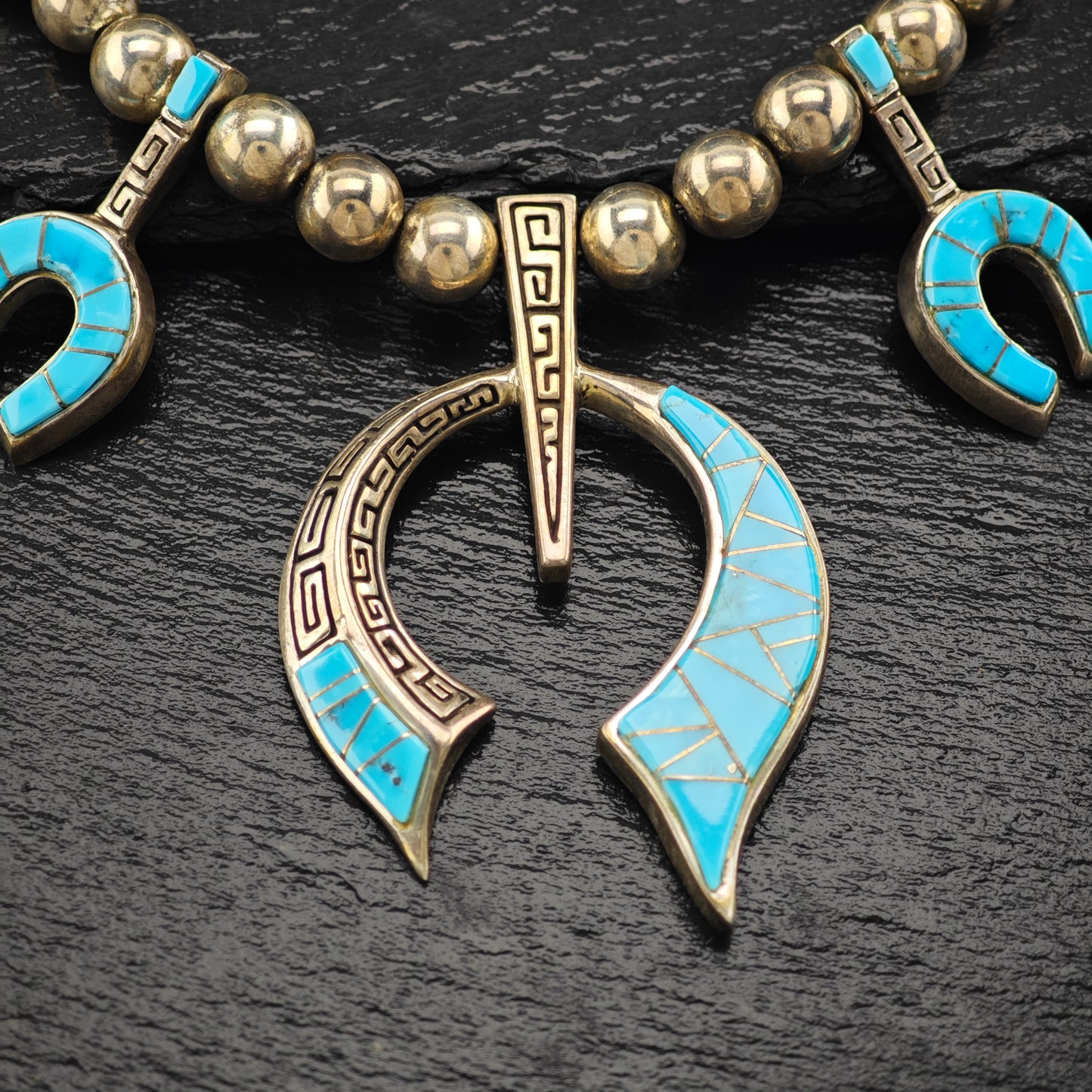 Native American Turquoise Inlay Sterling Silver Squash Blossom N2683