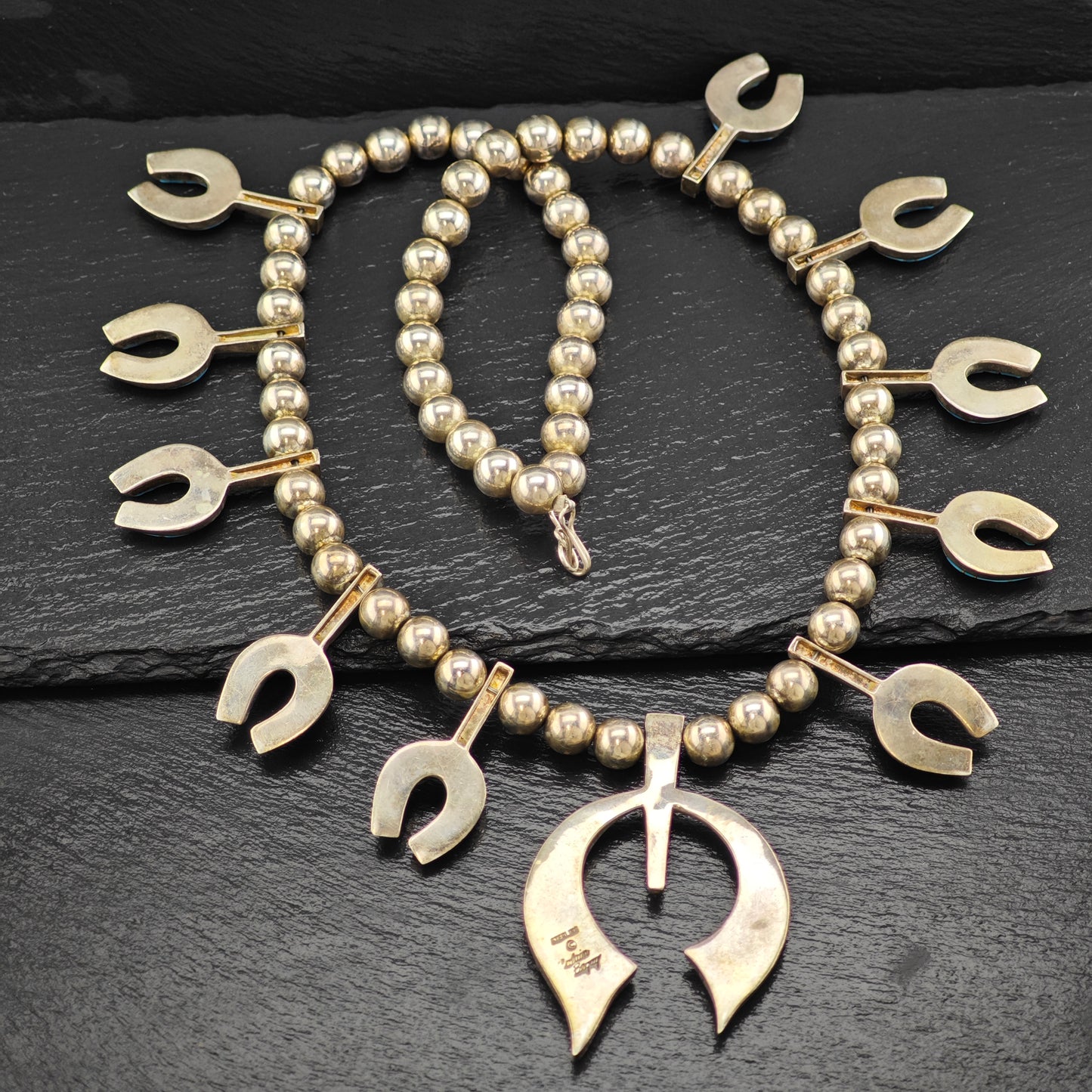 Native American Turquoise Inlay Sterling Silver Squash Blossom N2683