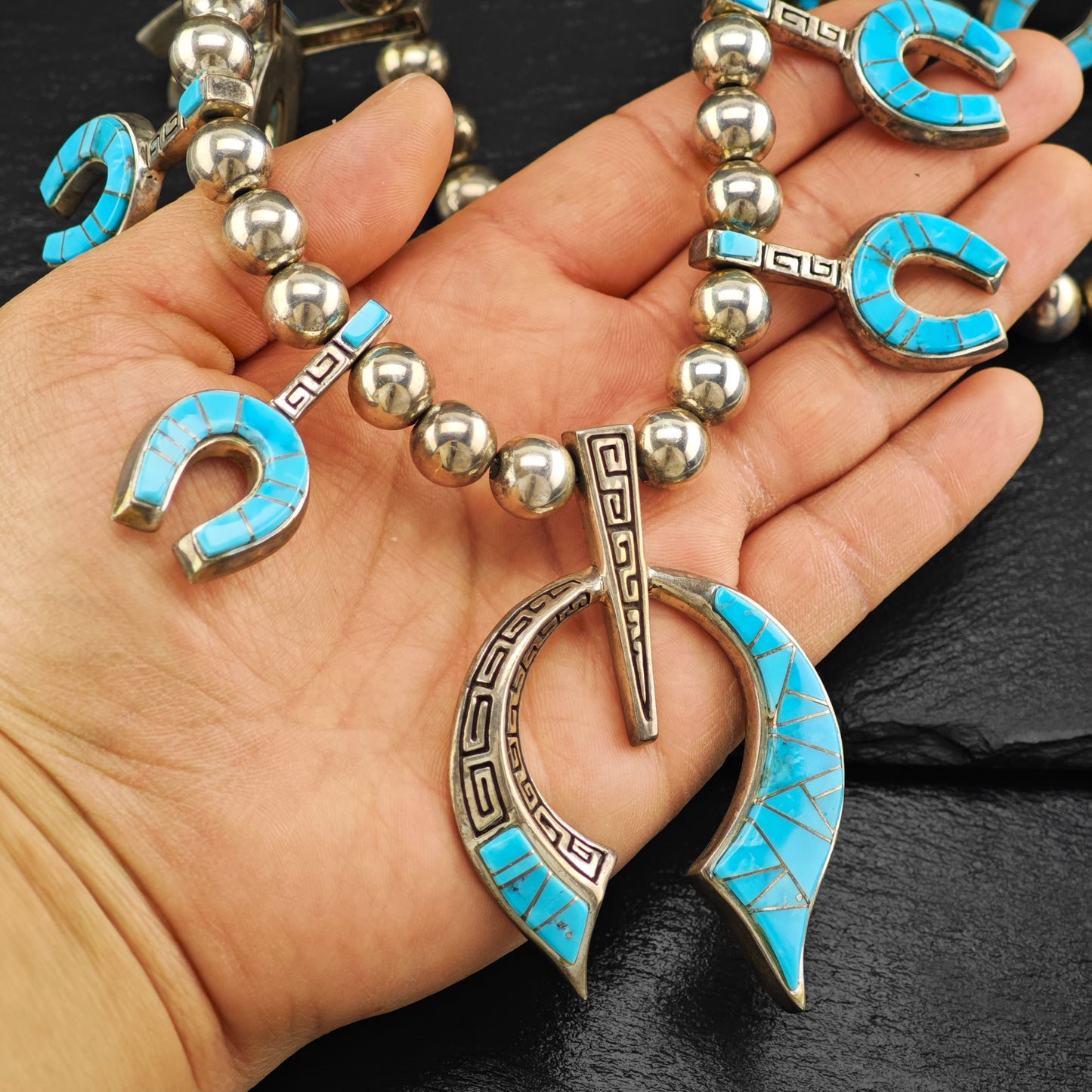 Native American Turquoise Inlay Sterling Silver Squash Blossom N2683