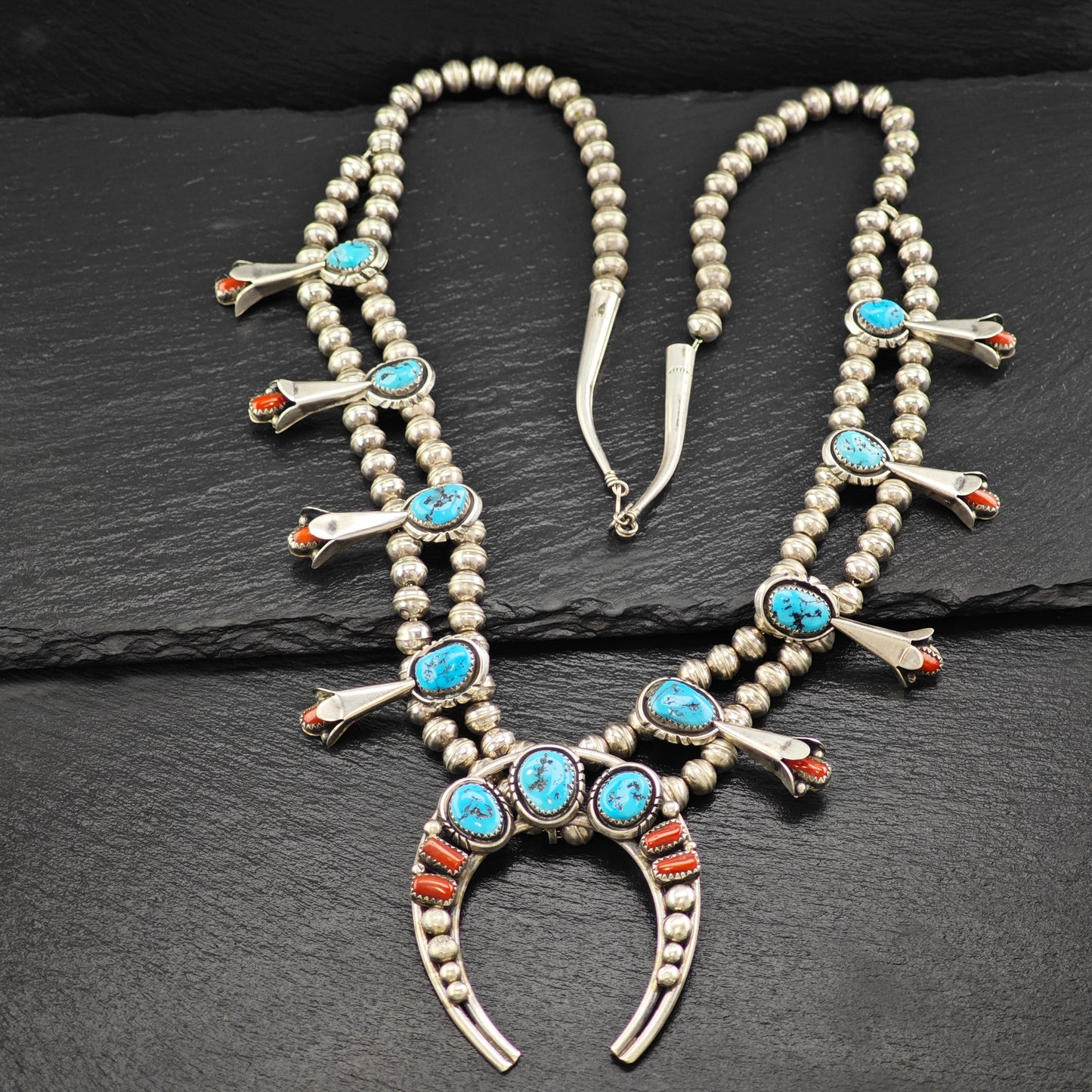 Native American Turquoise & Coral Sterling Silver Squash Blossom N2684