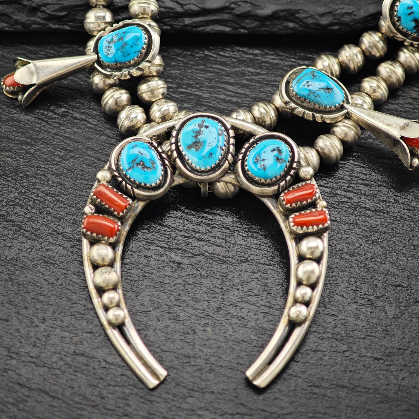 Native American Turquoise & Coral Sterling Silver Squash Blossom N2684