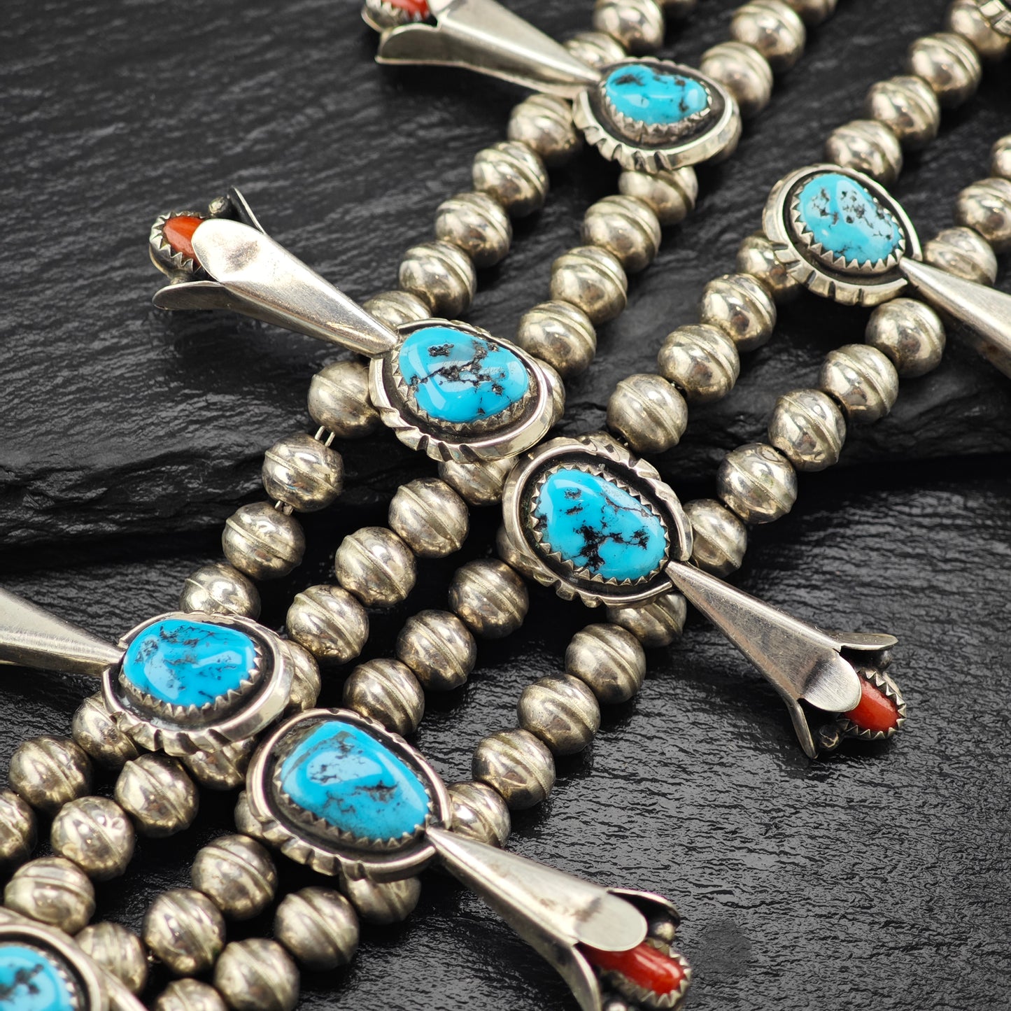 Native American Turquoise & Coral Sterling Silver Squash Blossom N2684