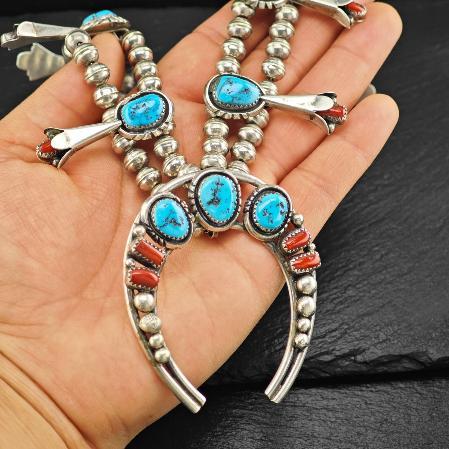 Native American Turquoise & Coral Sterling Silver Squash Blossom N2684