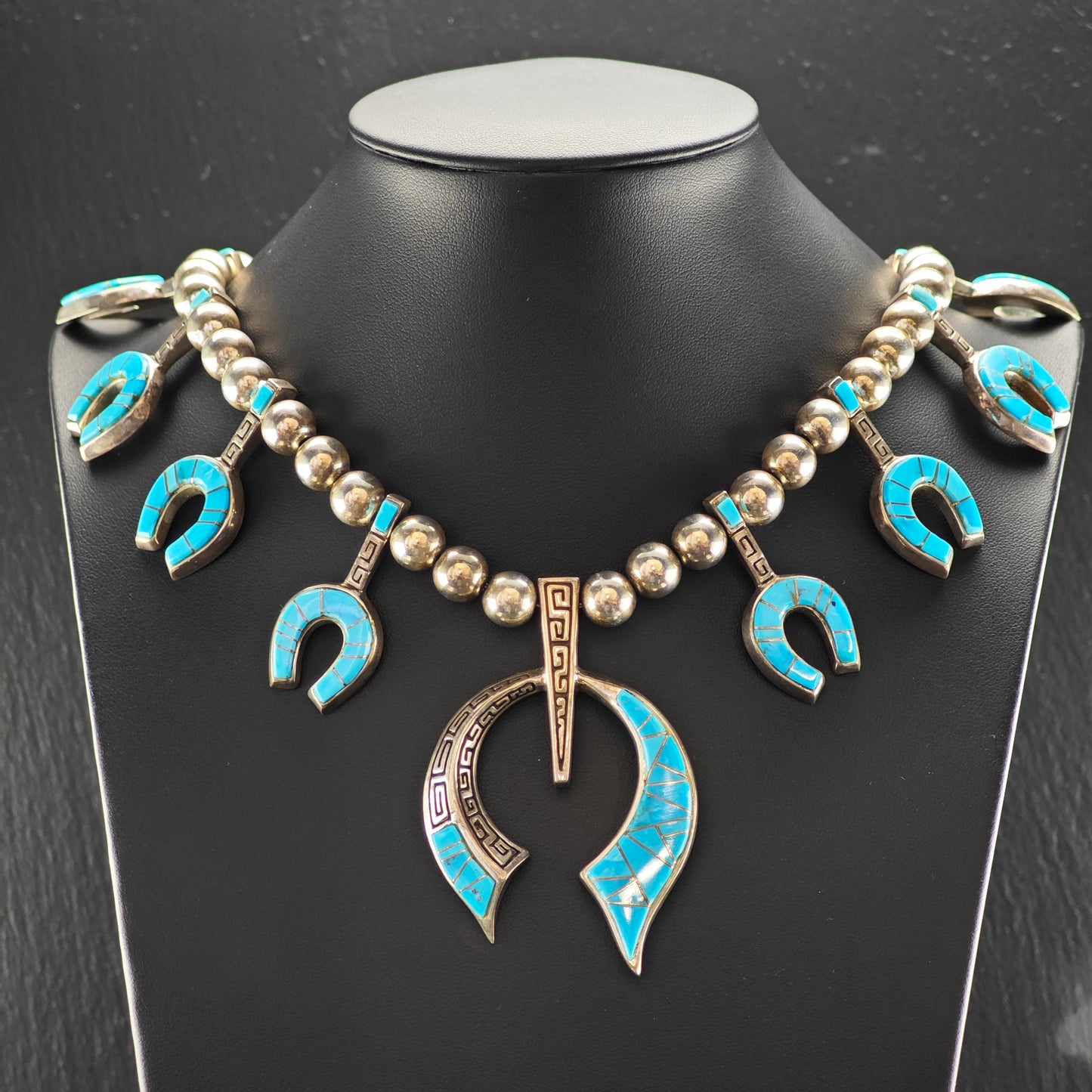 Native American Turquoise Inlay Sterling Silver Squash Blossom N2683