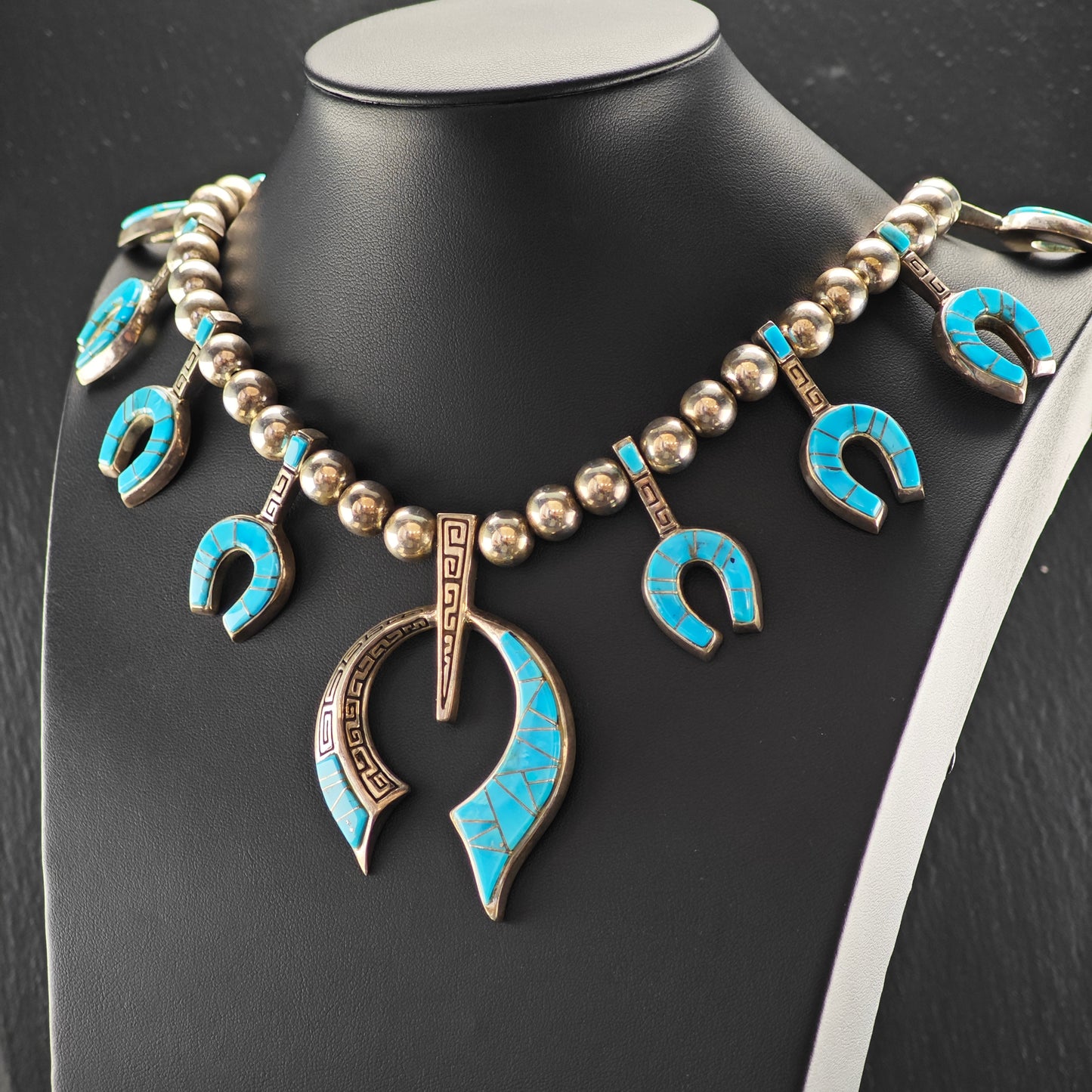 Native American Turquoise Inlay Sterling Silver Squash Blossom N2683
