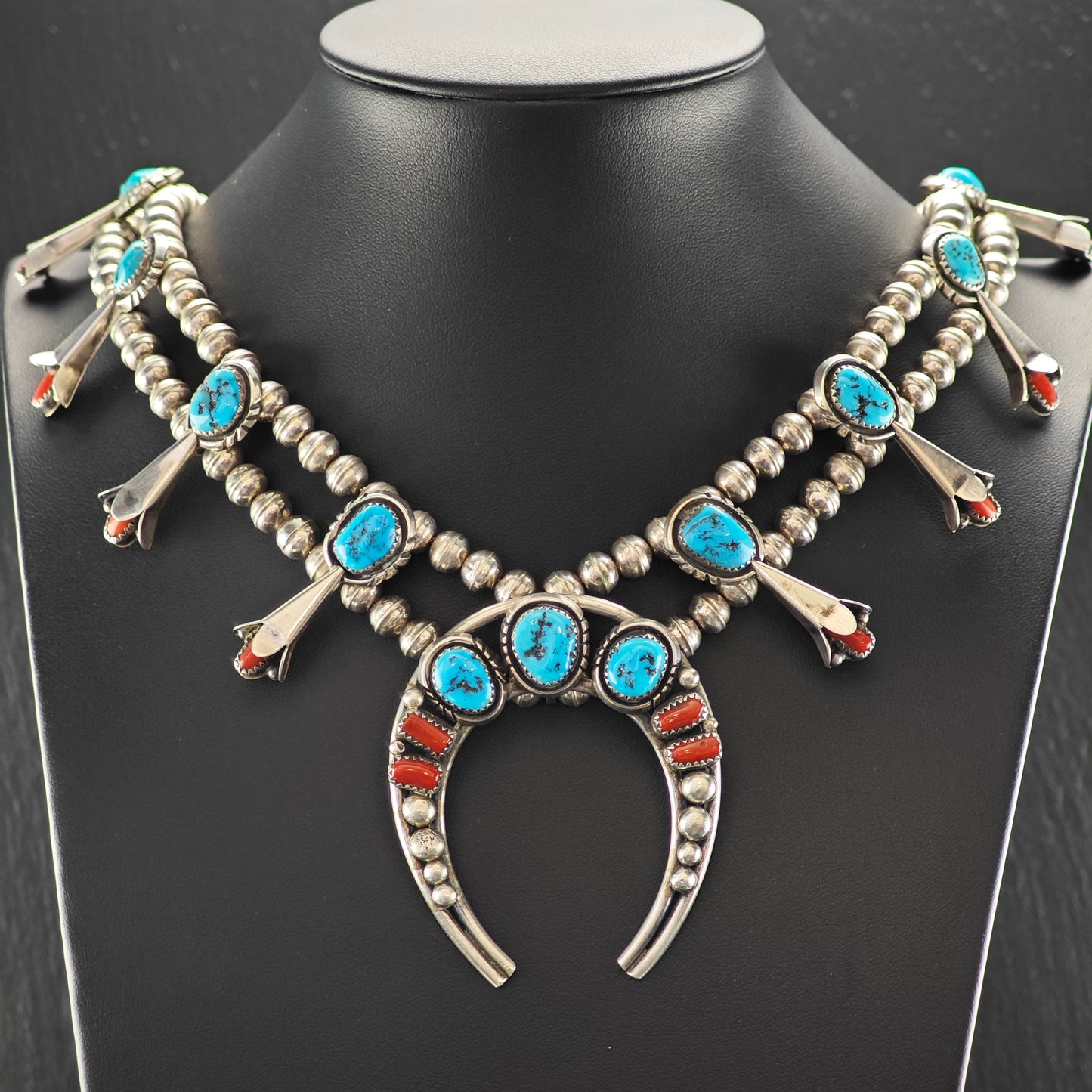 Native American Turquoise & Coral Sterling Silver Squash Blossom N2684