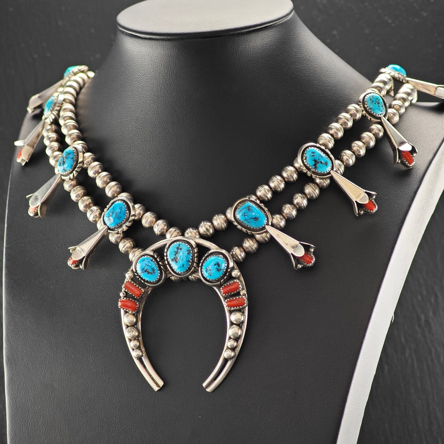 Native American Turquoise & Coral Sterling Silver Squash Blossom N2684