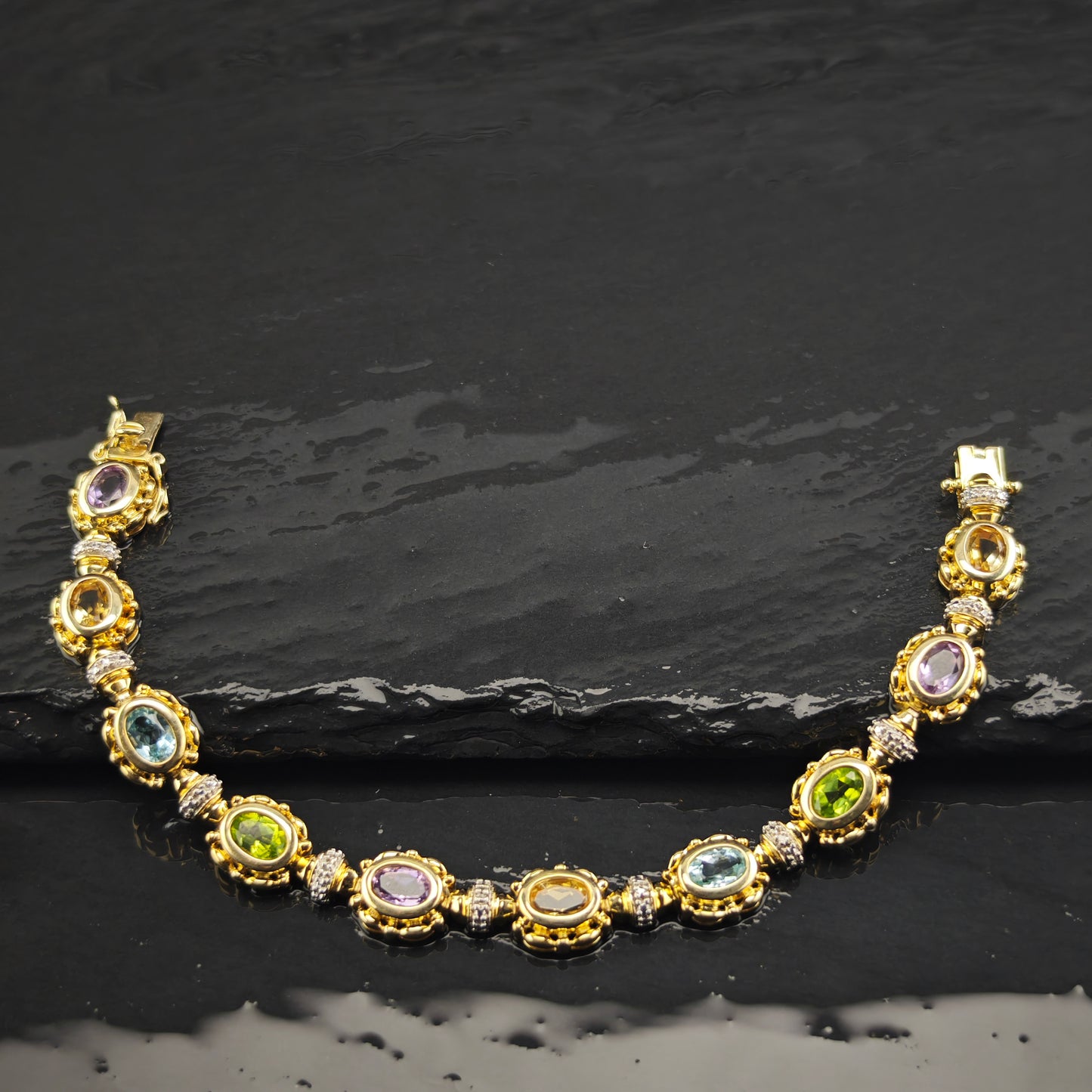 Gold Plated Gemstone Sterling Silver Link Bracelet Sz 6 1/2" BR3036