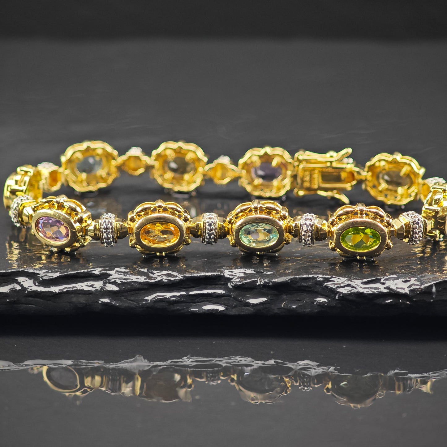 Gold Plated Gemstone Sterling Silver Link Bracelet Sz 6 1/2" BR3036