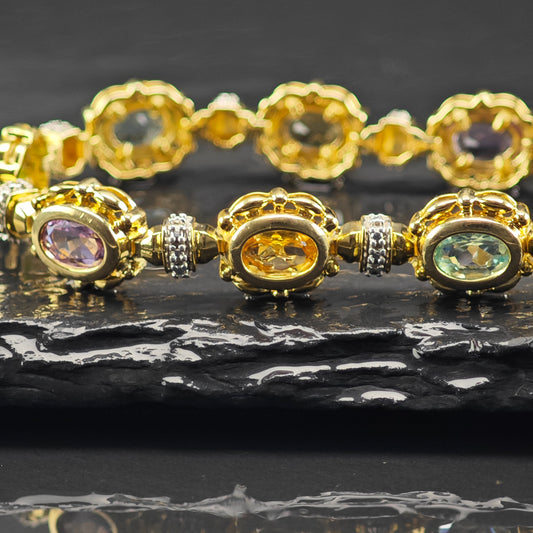 Gold Plated Gemstone Sterling Silver Link Bracelet Sz 6 1/2" BR3036