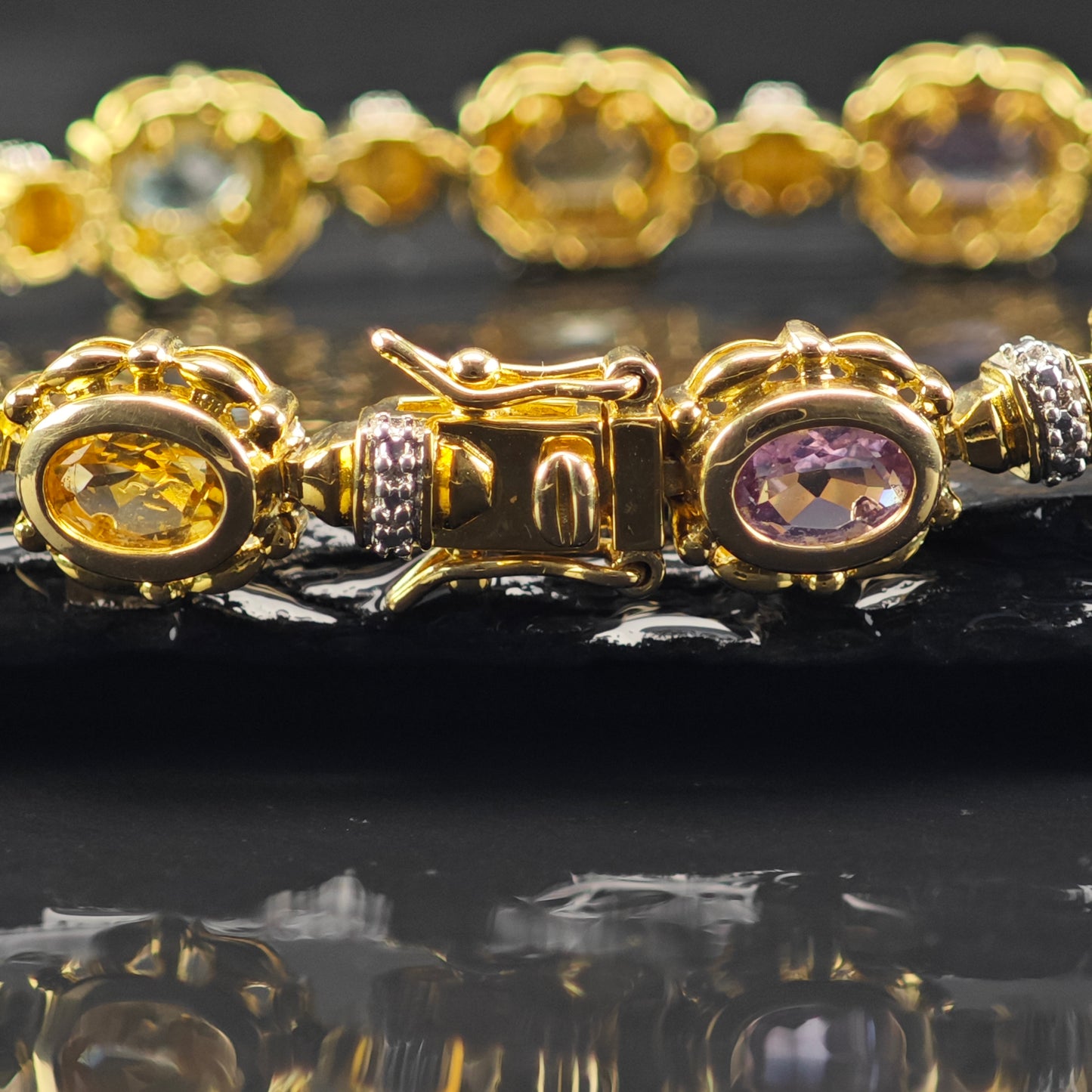 Gold Plated Gemstone Sterling Silver Link Bracelet Sz 6 1/2" BR3036