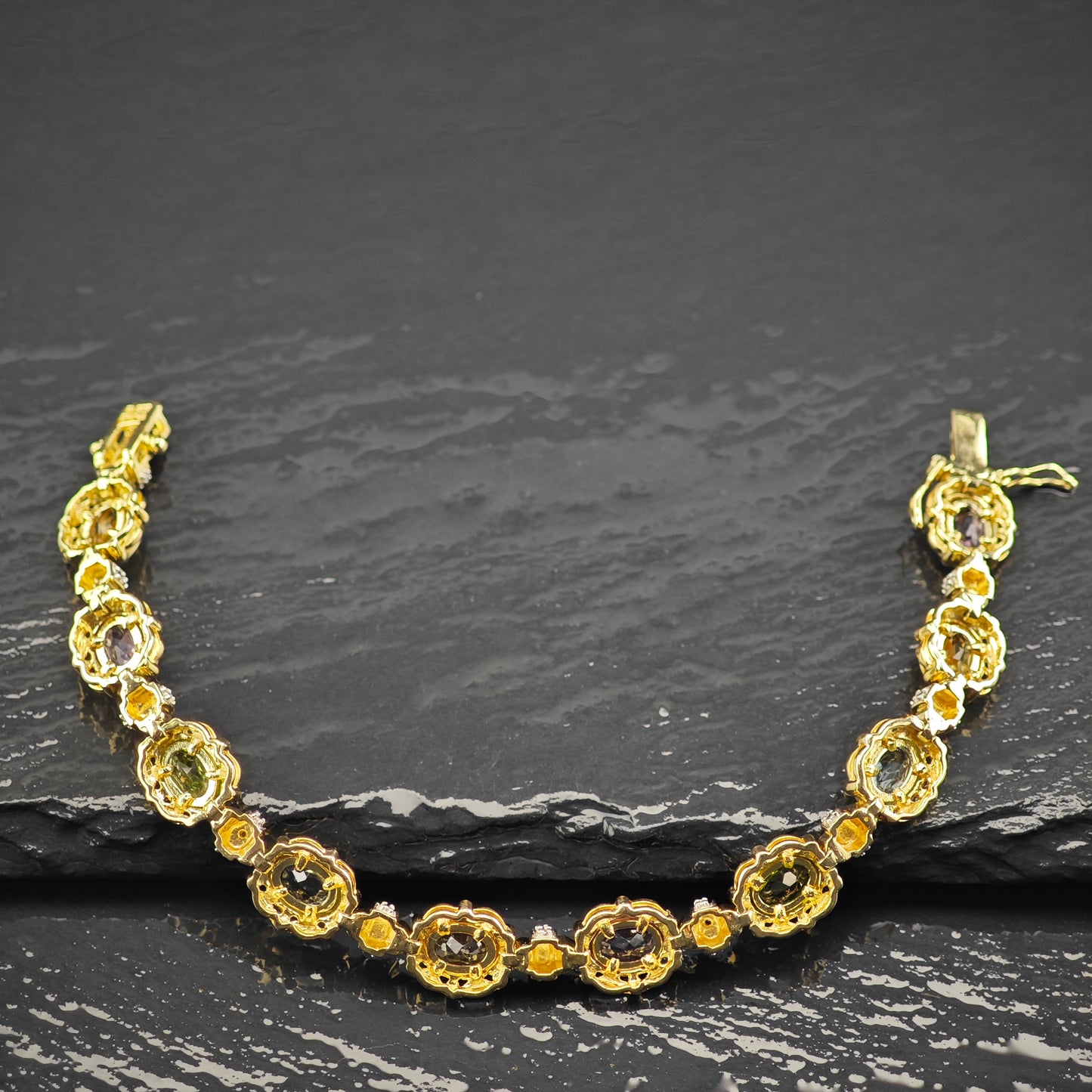Gold Plated Gemstone Sterling Silver Link Bracelet Sz 6 1/2" BR3036