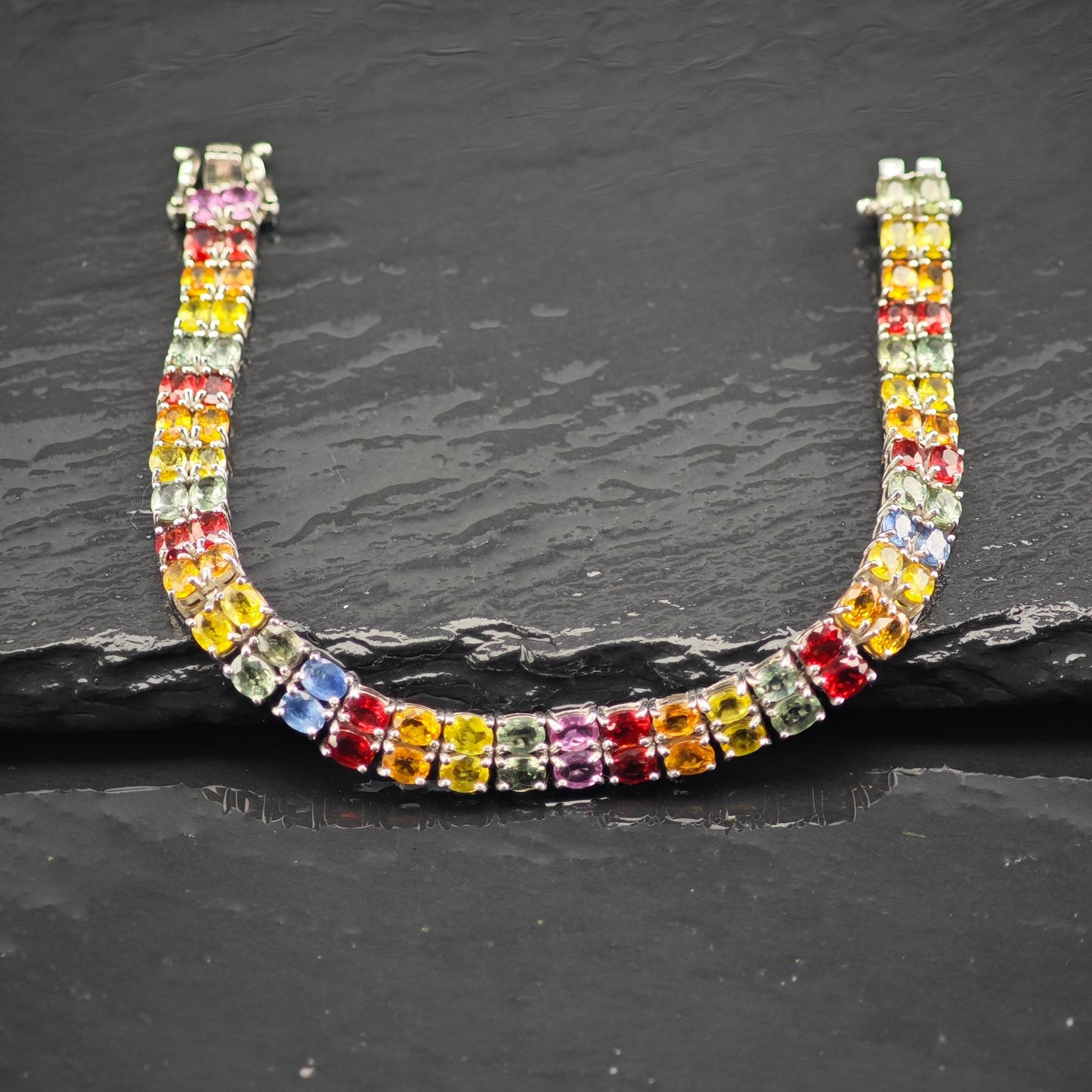 18ctw Multi Color Sapphire Link Bracelet Treated Sterling Silver Sz 6 1/2"