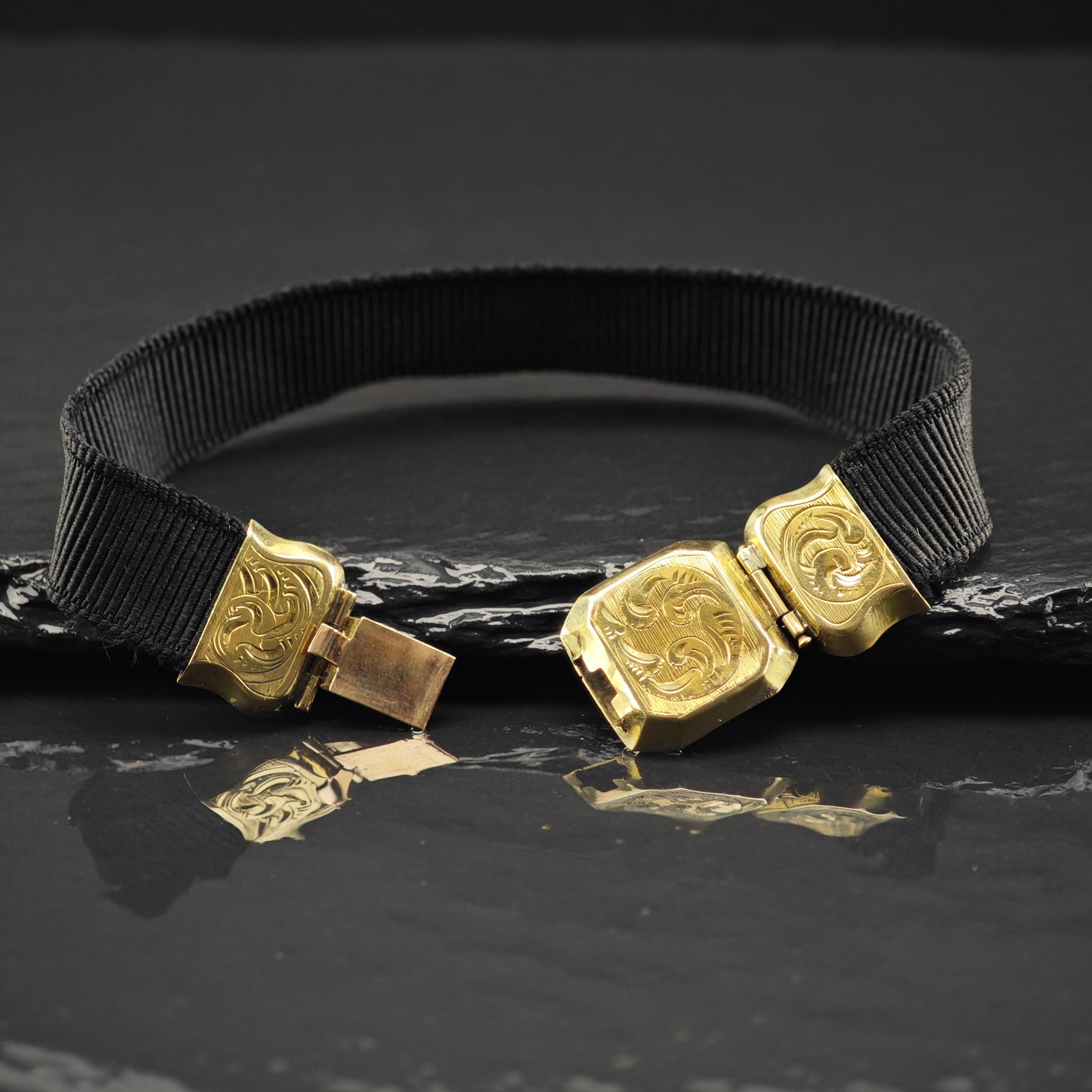 Antique Victorian 13K Gold Black Ribbon Bracelet Sz 6 1/4" BR3049