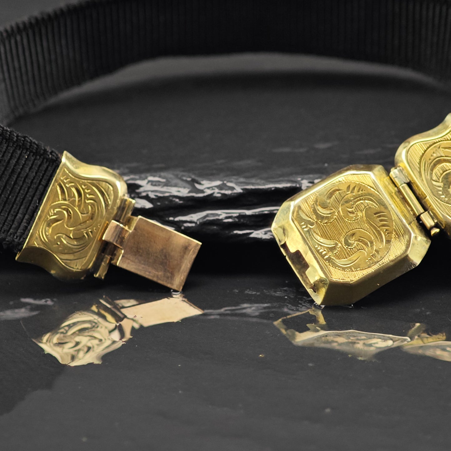 Antique Victorian 13K Gold Black Ribbon Bracelet Sz 6 1/4" BR3049