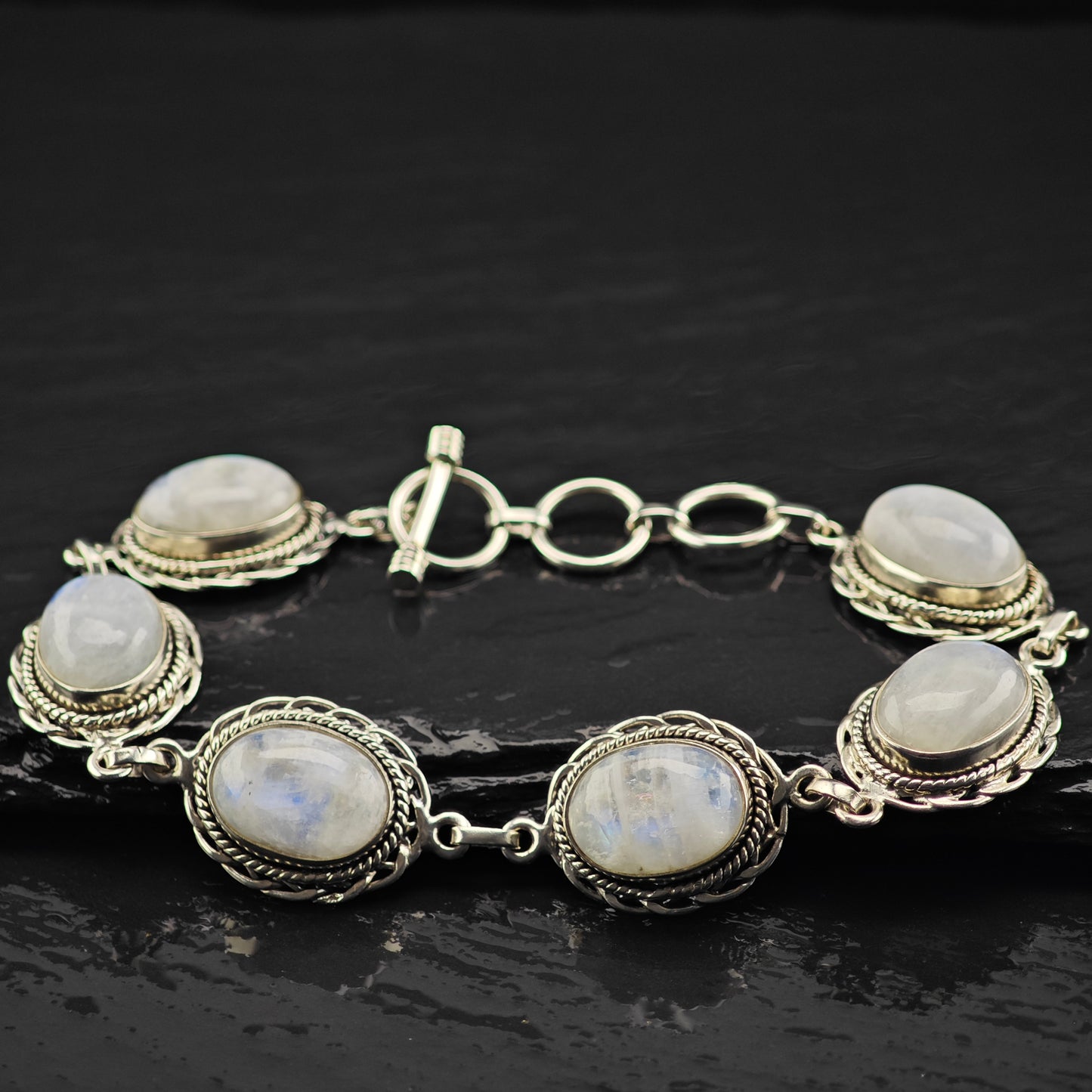 Oval Moonstone Sterling SIlver Link Bracelet Sz 6 3/4" to 8" BR3046