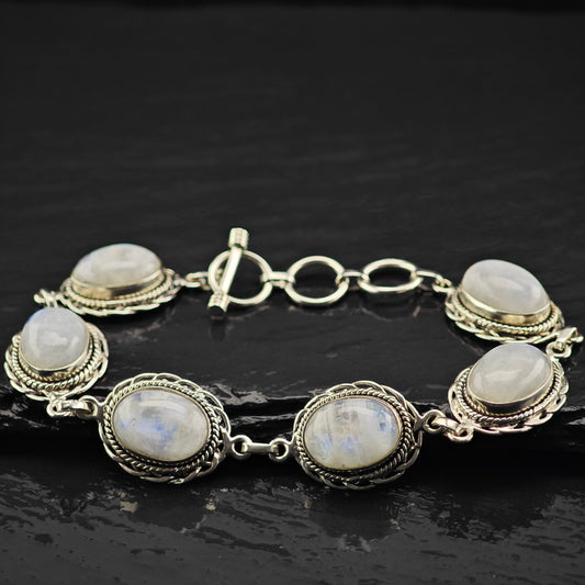 Oval Moonstone Sterling SIlver Link Bracelet Sz 6 3/4" to 8" BR3046