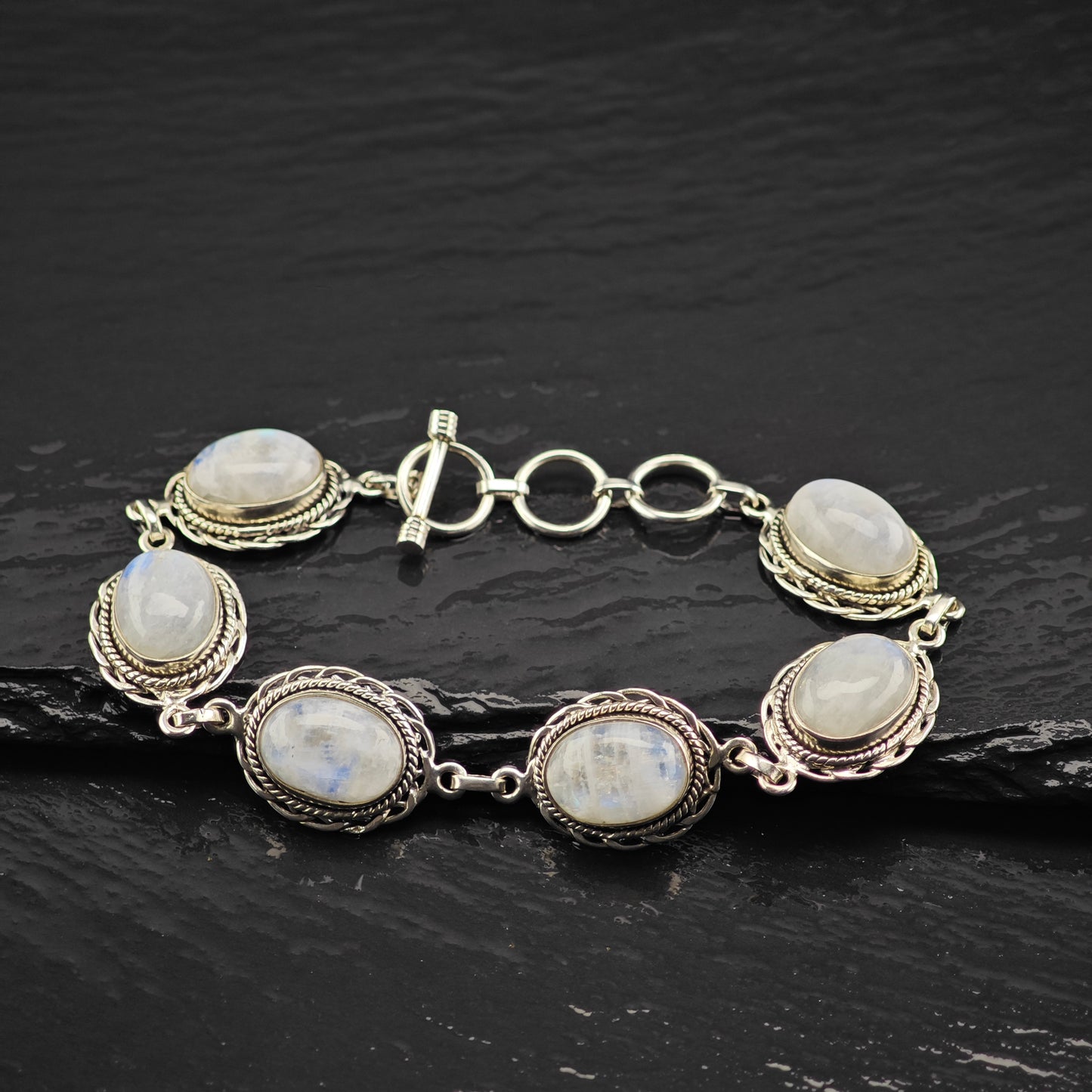 Oval Moonstone Sterling SIlver Link Bracelet Sz 6 3/4" to 8" BR3046