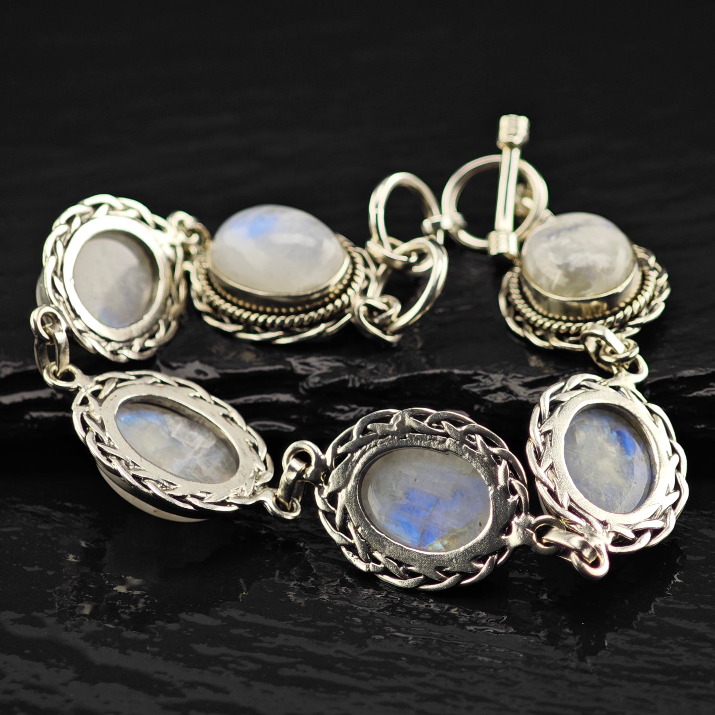 Oval Moonstone Sterling SIlver Link Bracelet Sz 6 3/4" to 8" BR3046