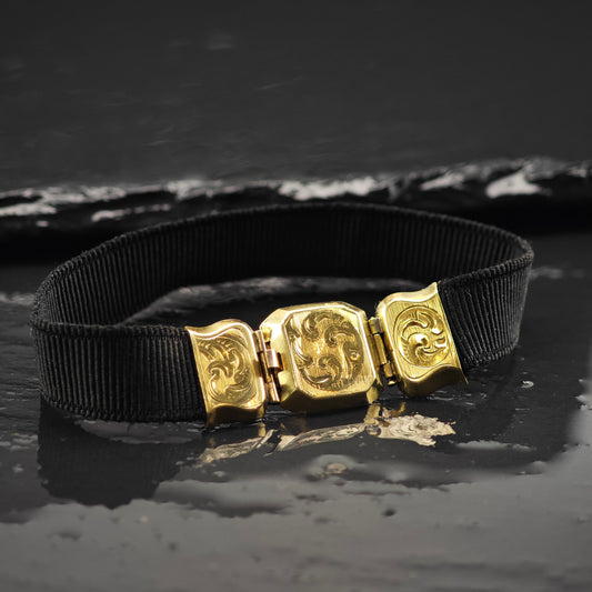 Antique Victorian 13K Gold Black Ribbon Bracelet Sz 6 1/4" BR3049