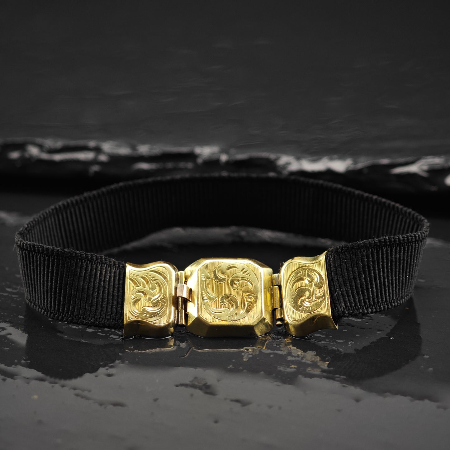 Antique Victorian 13K Gold Black Ribbon Bracelet Sz 6 1/4" BR3049