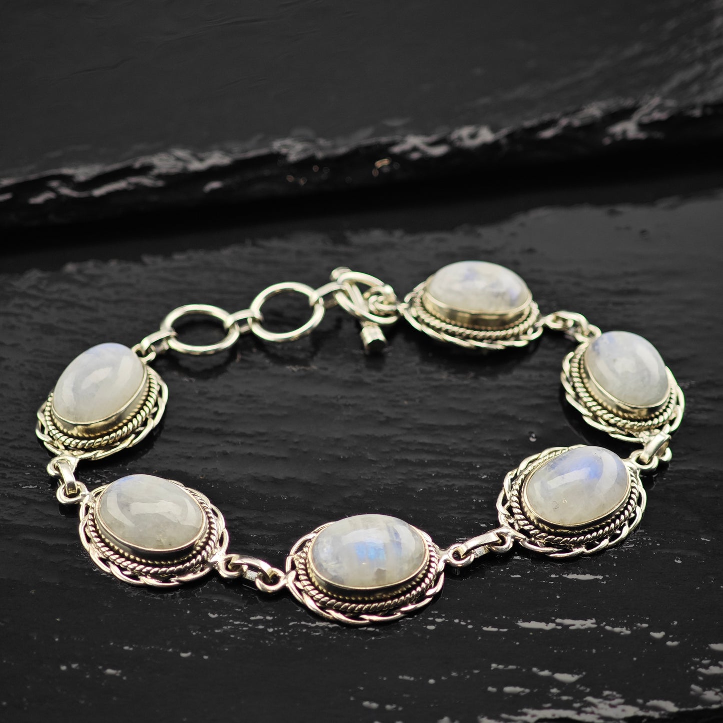 Oval Moonstone Sterling SIlver Link Bracelet Sz 6 3/4" to 8" BR3046