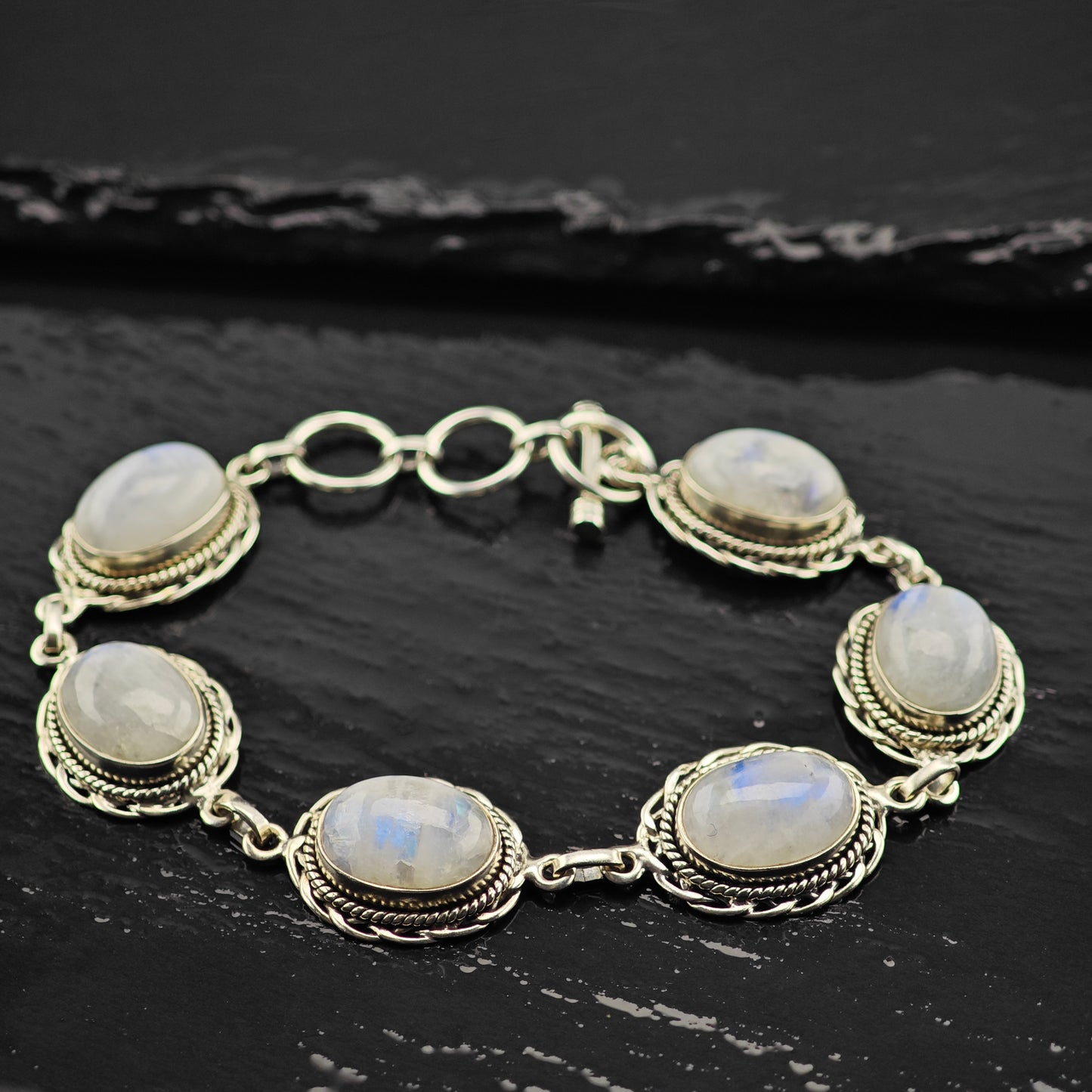 Oval Moonstone Sterling SIlver Link Bracelet Sz 6 3/4" to 8" BR3046