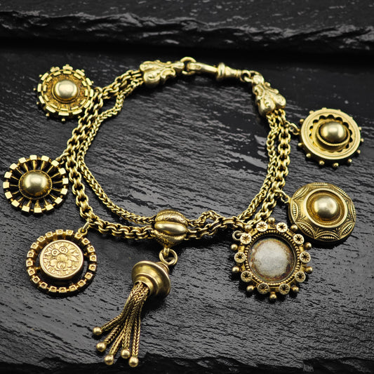 AS IS Antique Gold Gilded Sterling Silver Charm Bracelet Sz 7" BR3042