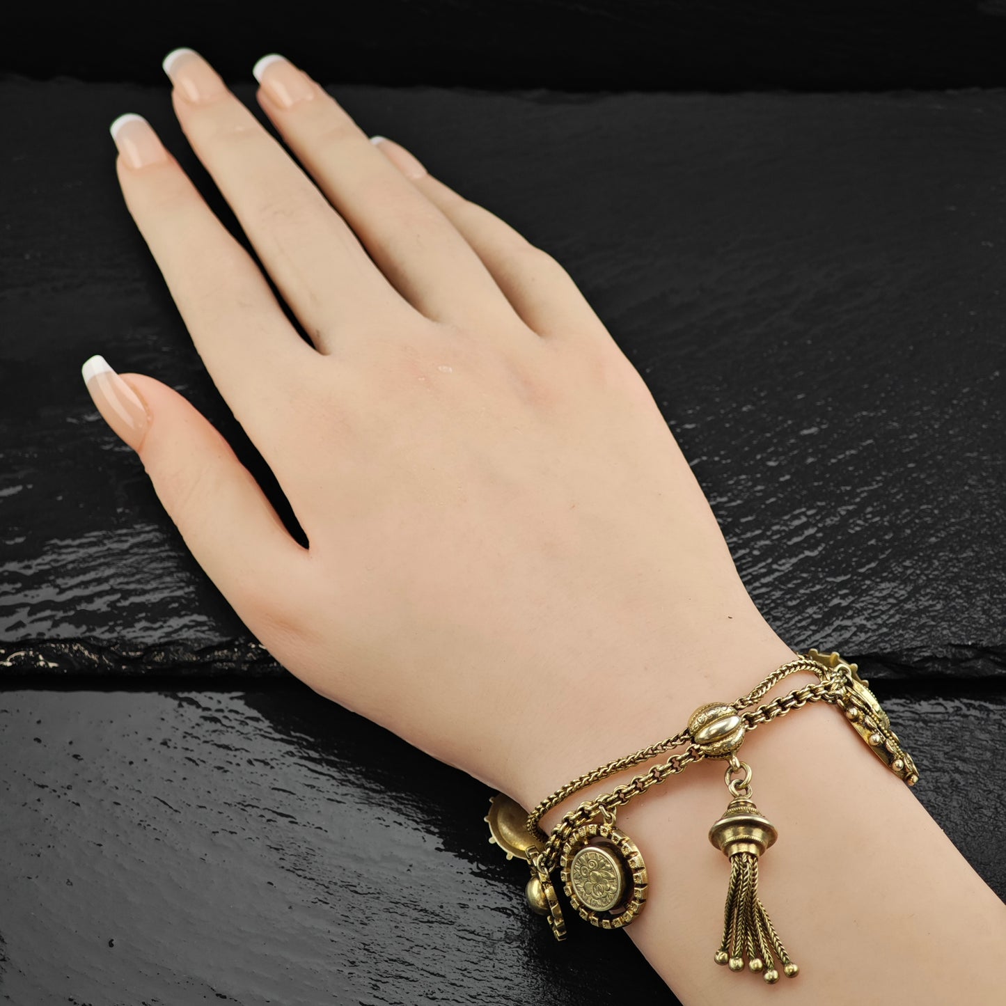 AS IS Antique Gold Gilded Sterling Silver Charm Bracelet Sz 7" BR3042