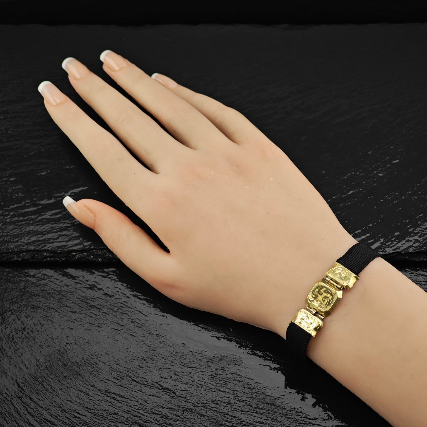 Antique Victorian 13K Gold Black Ribbon Bracelet Sz 6 1/4" BR3049
