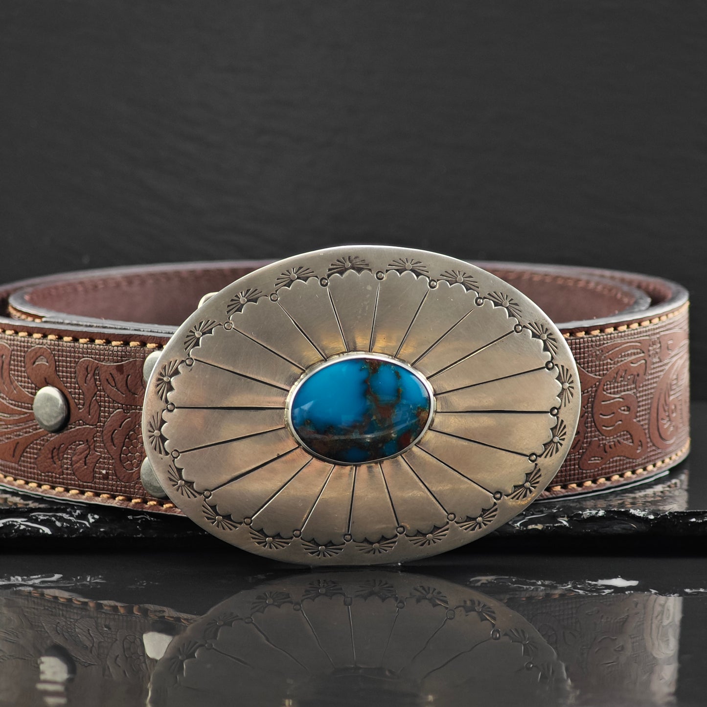 Vintage Stamped Sterling Silver & Turquoise Belt Buckle MISC0339