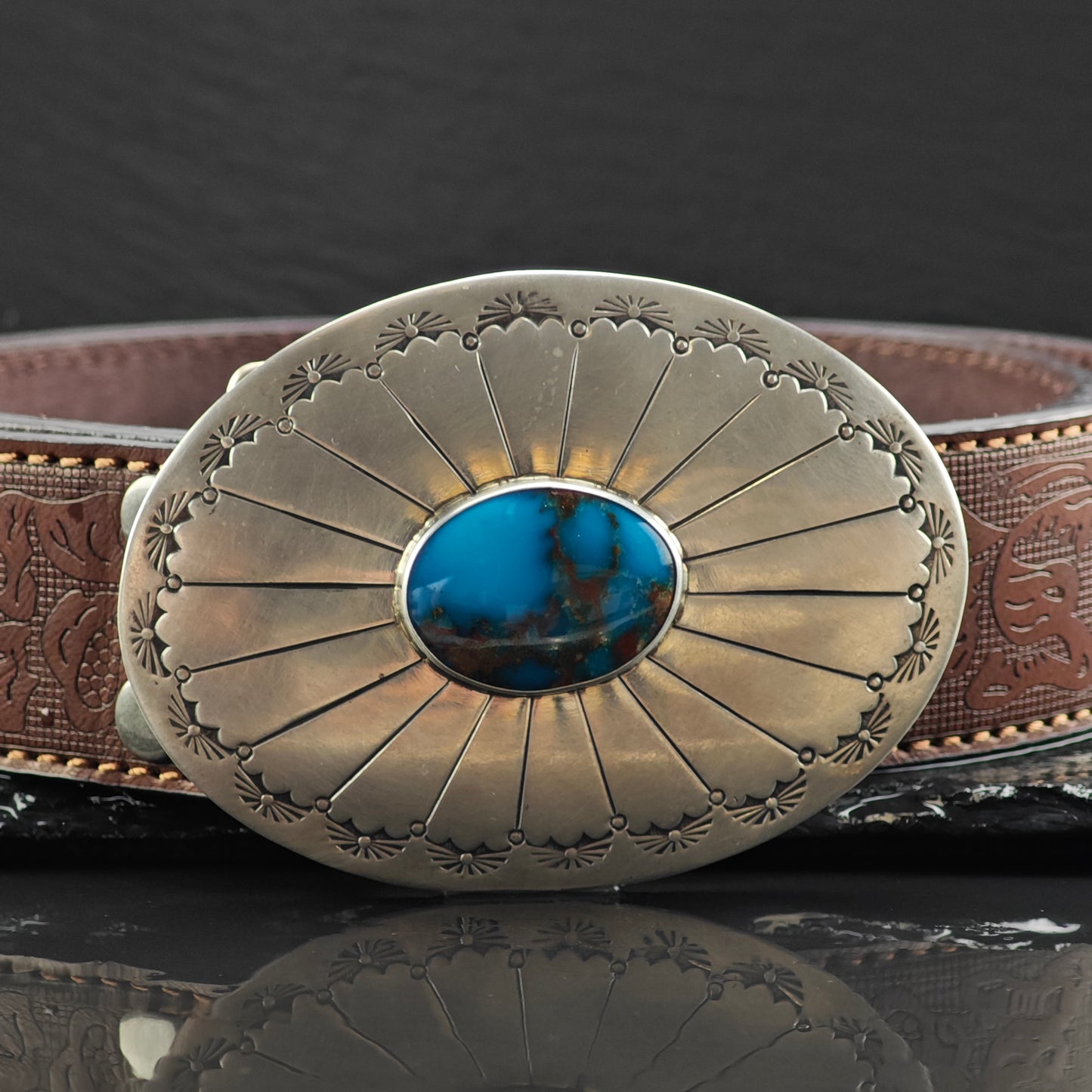 Vintage Stamped Sterling Silver & Turquoise Belt Buckle MISC0339