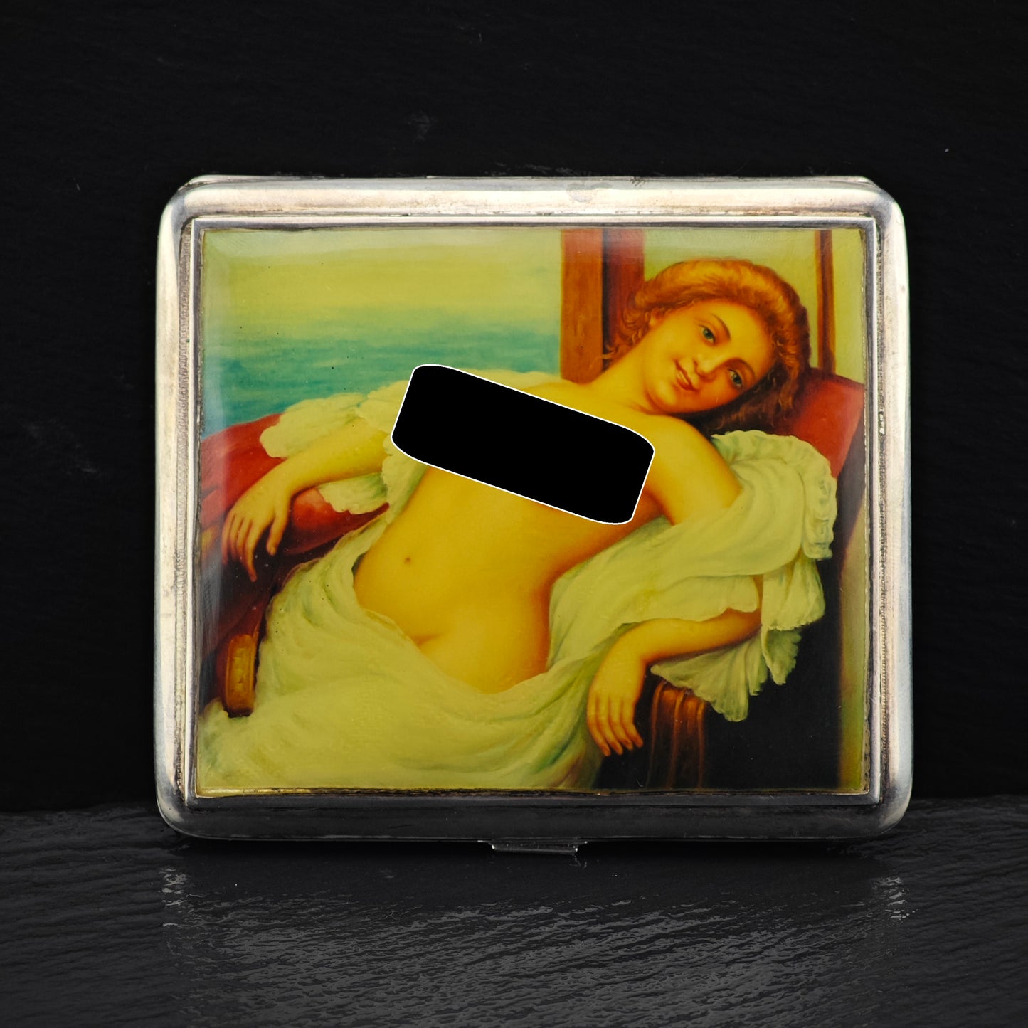 Antique Risque Art Nouveau Enamel Cigarette Case Sterling Silver MISC0340