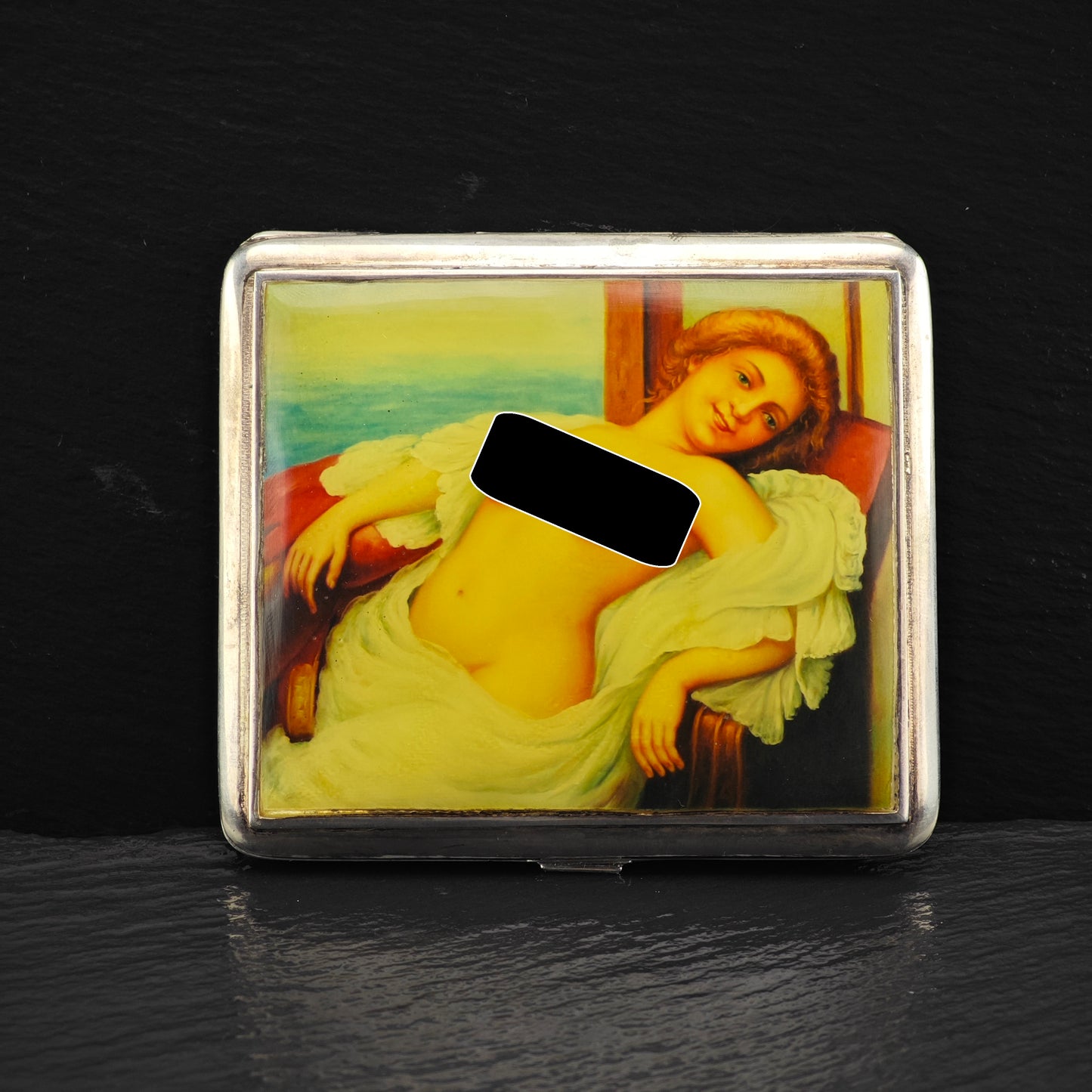 Antique Risque Art Nouveau Enamel Cigarette Case Sterling Silver MISC0340