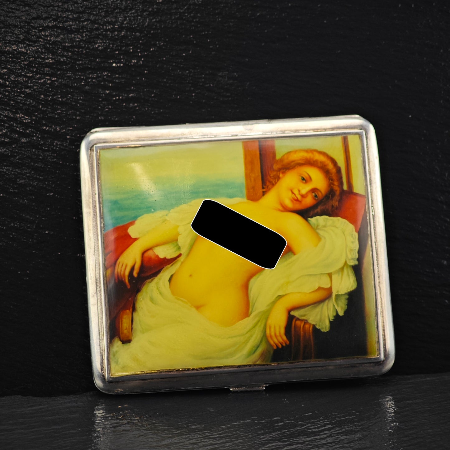 Antique Risque Art Nouveau Enamel Cigarette Case Sterling Silver MISC0340